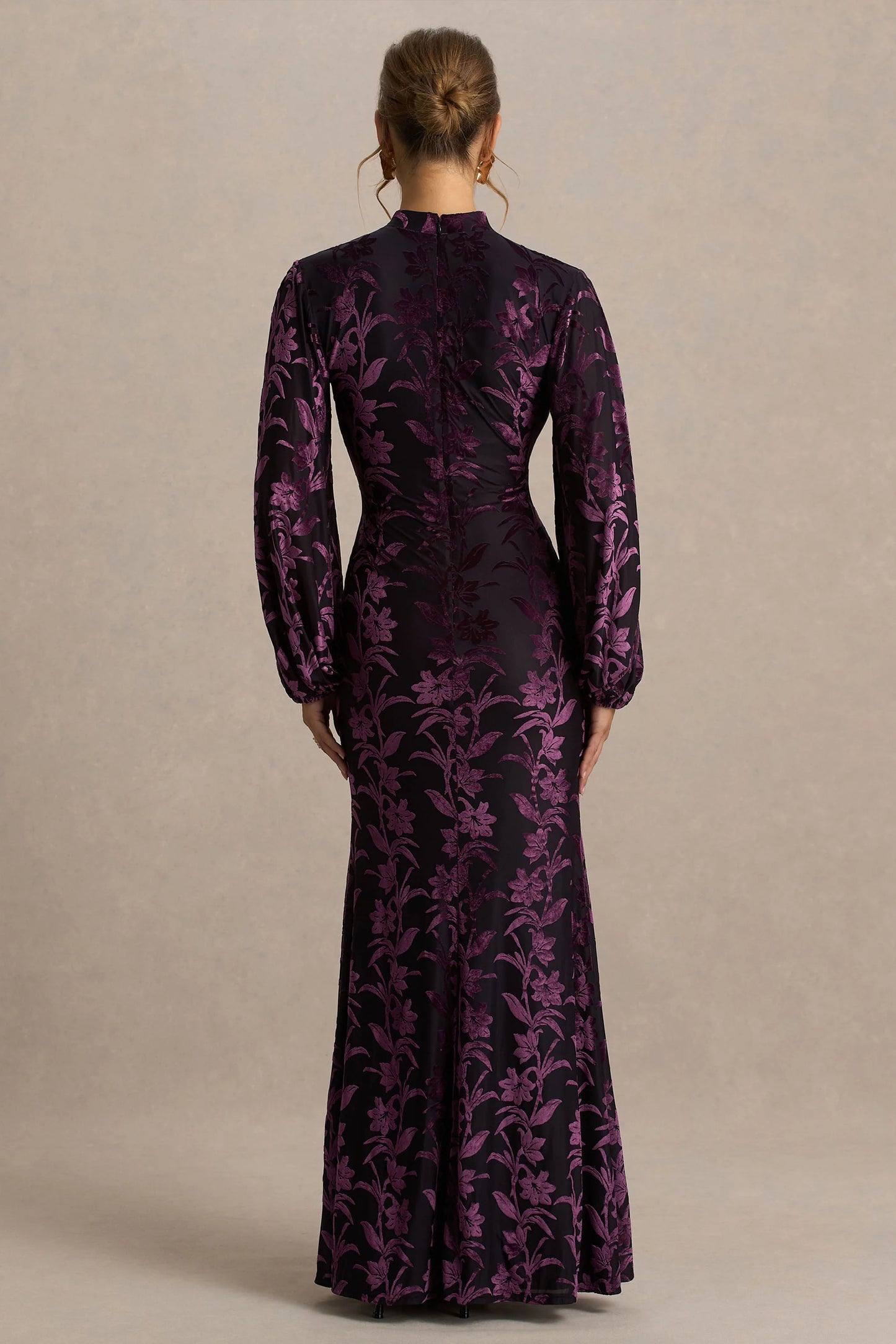 Janet Black And Purple Devore High-Neck Maxi Dress With Cut-Out Details