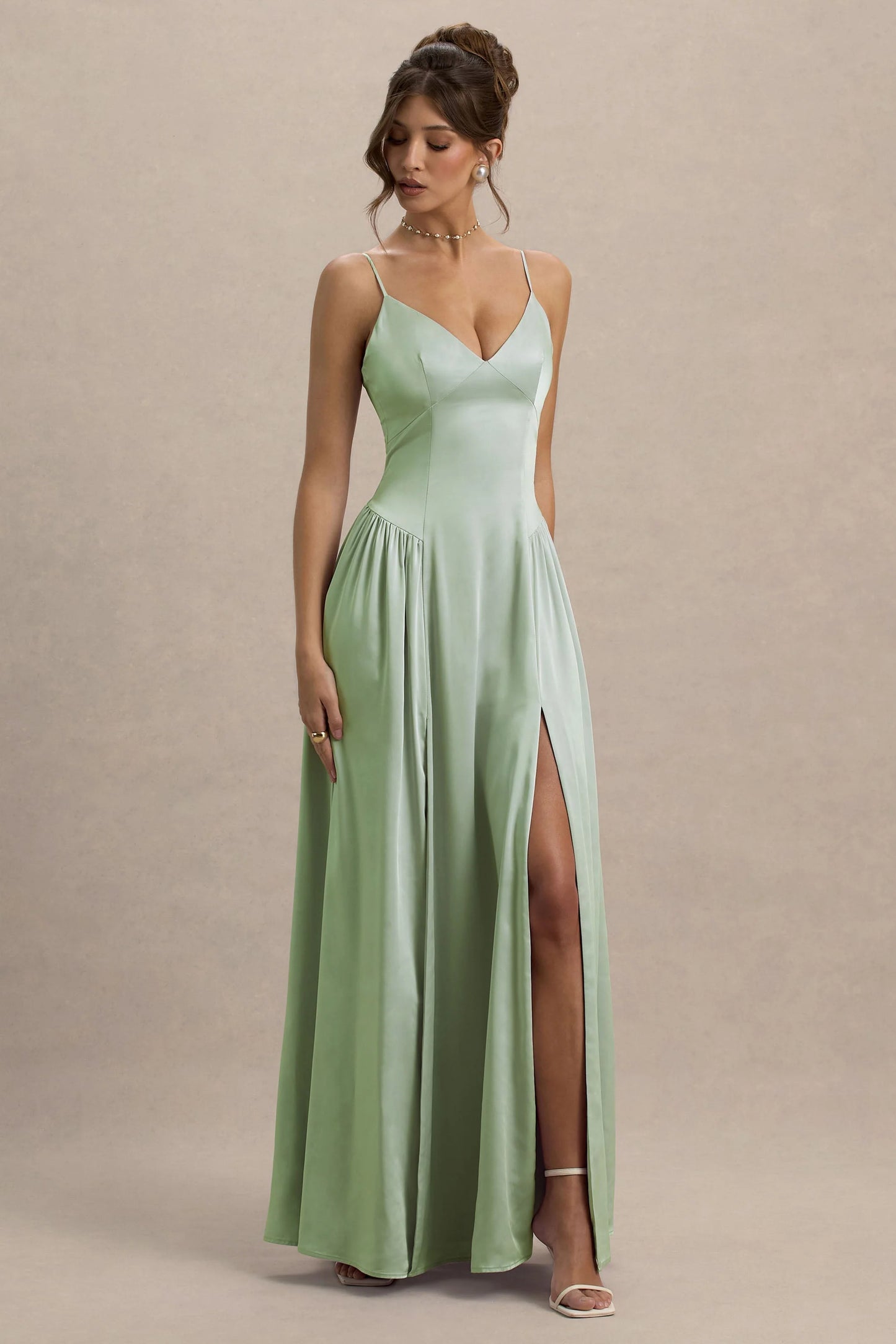 Jonas Light Green Plunge-Neck Maxi Dress With Cami Straps
