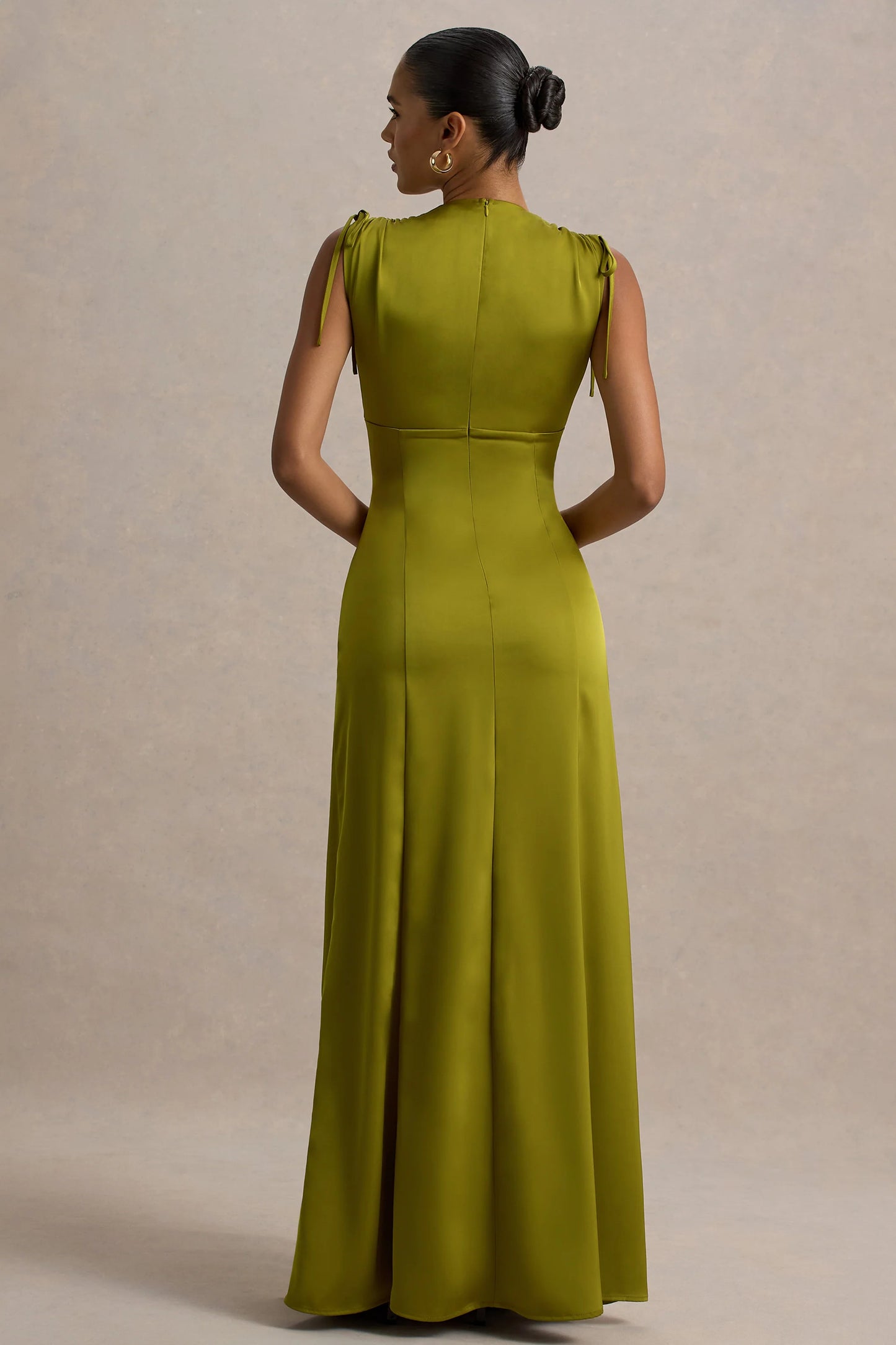 Ysabella Olive Satin Plunge-Neck Split Maxi Dress