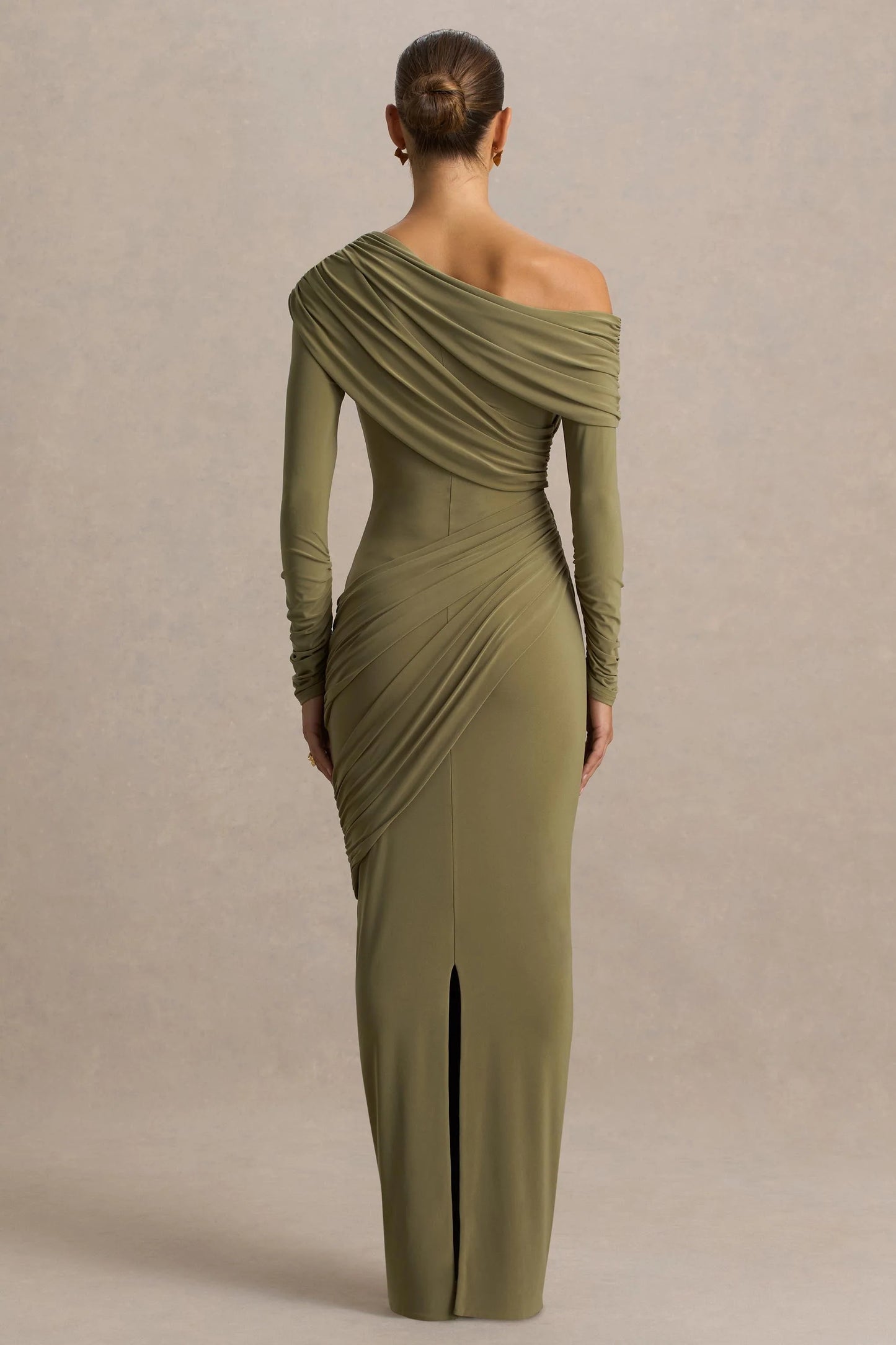 Perrie Olive Asymmetric-Neck Maxi Dress With Ruched Detailing