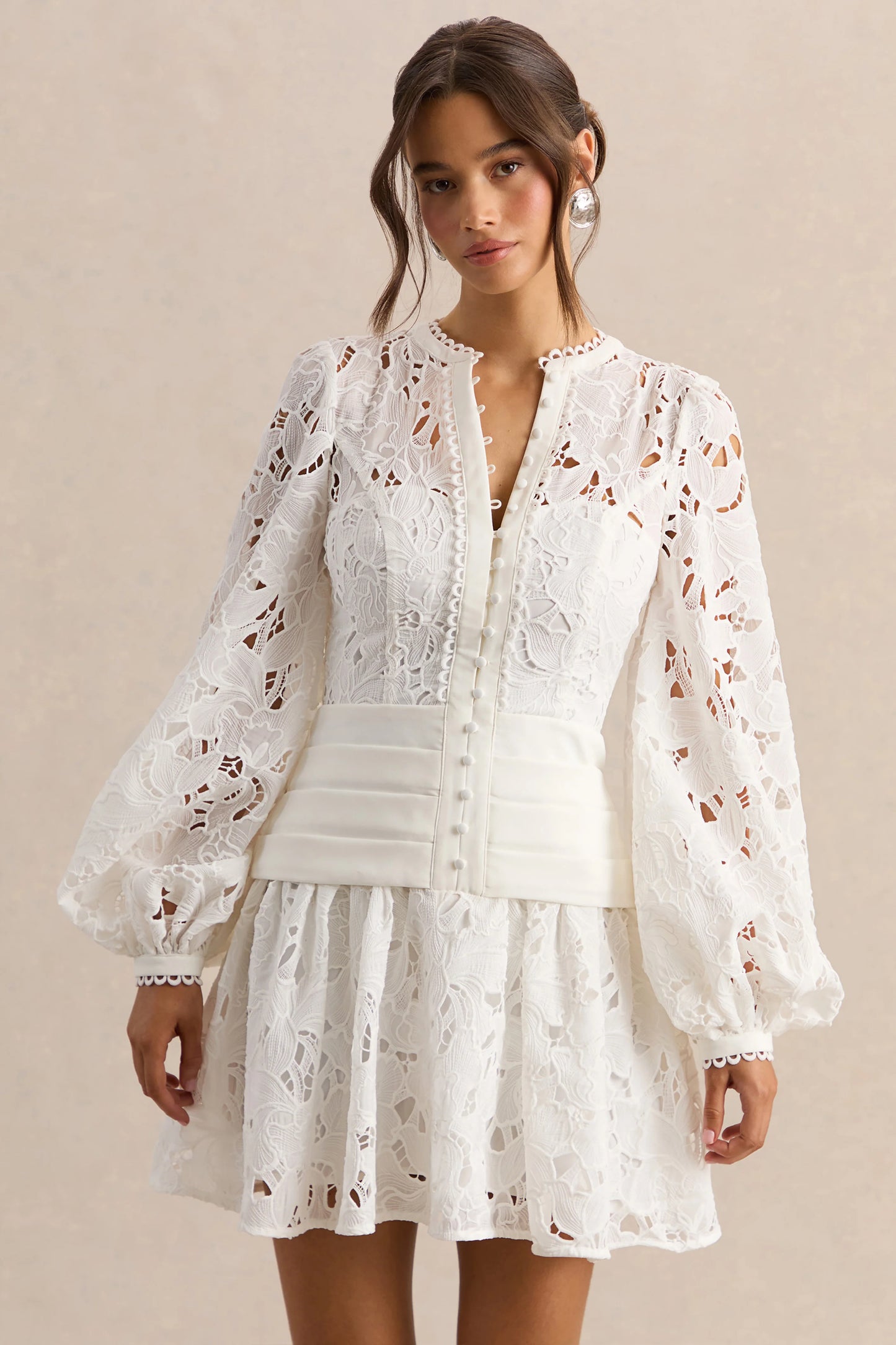 Helena White Crew-Neck Mini Dress With Puff-Sleeves and Pleated Skirt