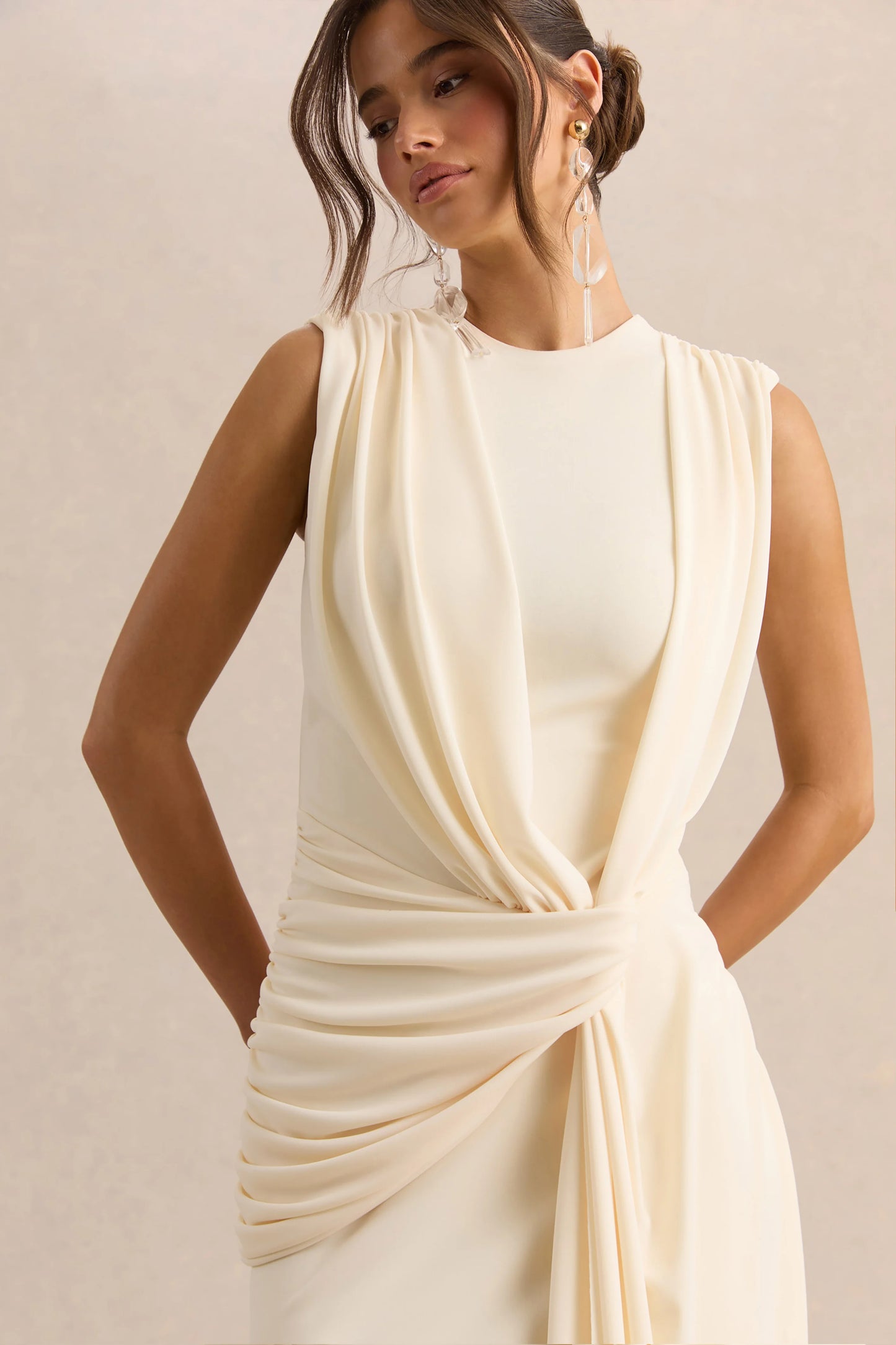 Blythia Cream Round-Neck Maxi Dress With Gathered-Detailing