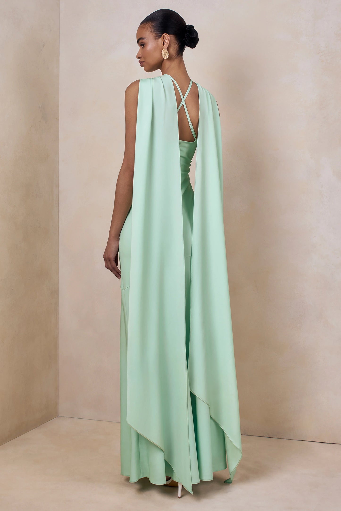 Sloane Mint Matte Satin Halter-Neck Maxi Dress With Cape