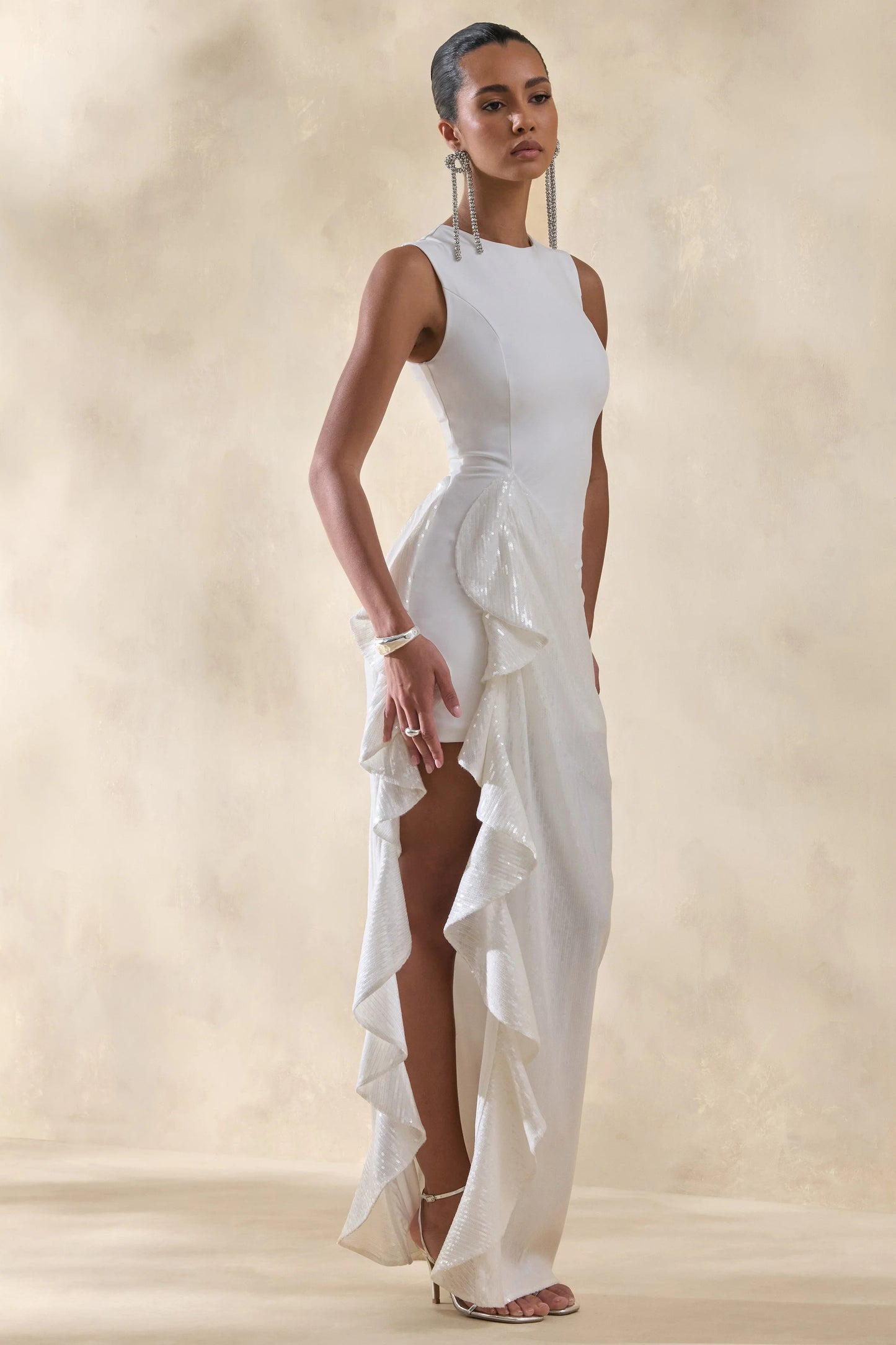 Ada White Crew-Neck Maxi Dress With Sheer Skirt And Ruffled Detailing