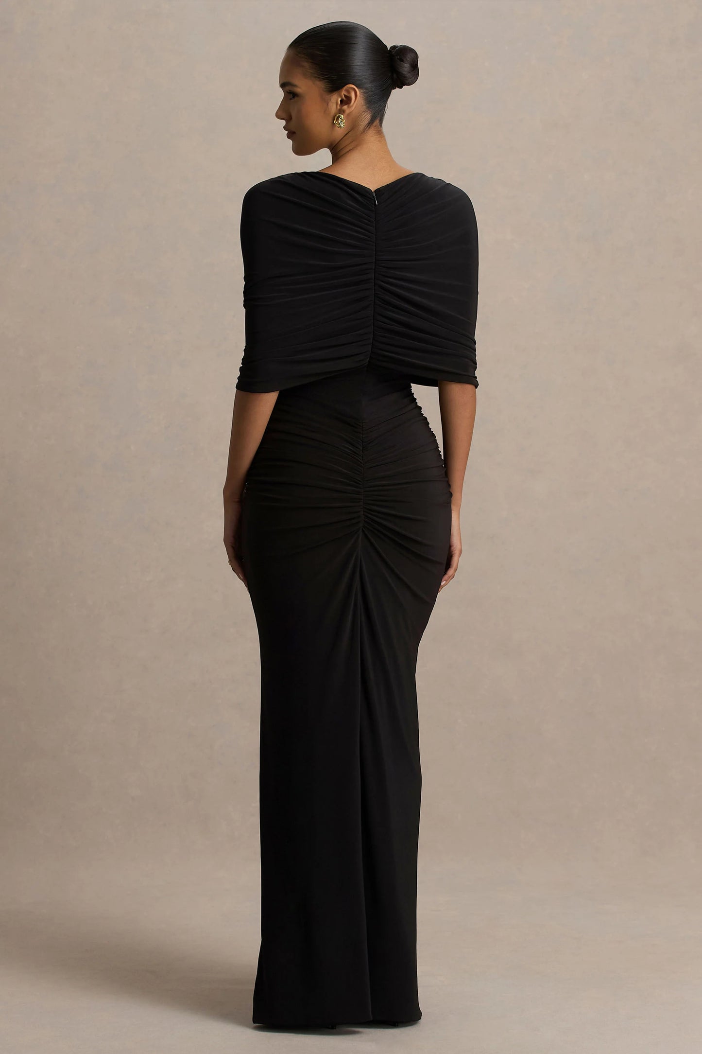 Zinnie Black Cape-Sleeve Maxi Dress With Mesh Panel