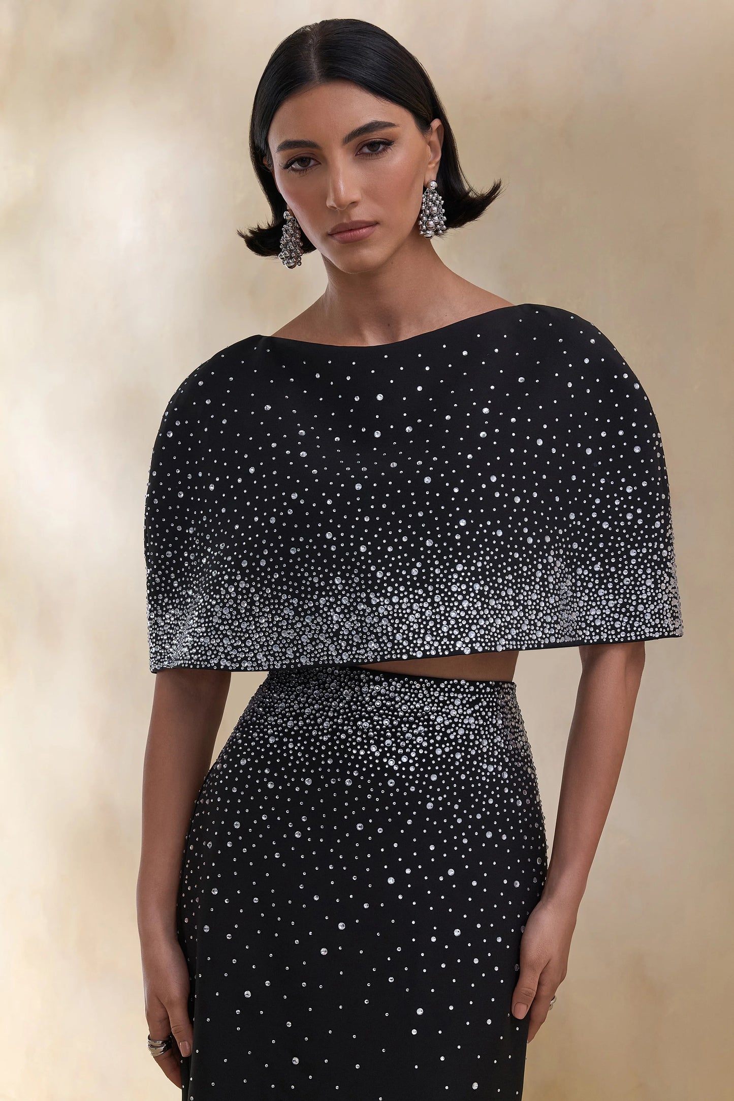 Luxy Black Embellished Boat-Neck Crop-Top With Cape-Sleeves