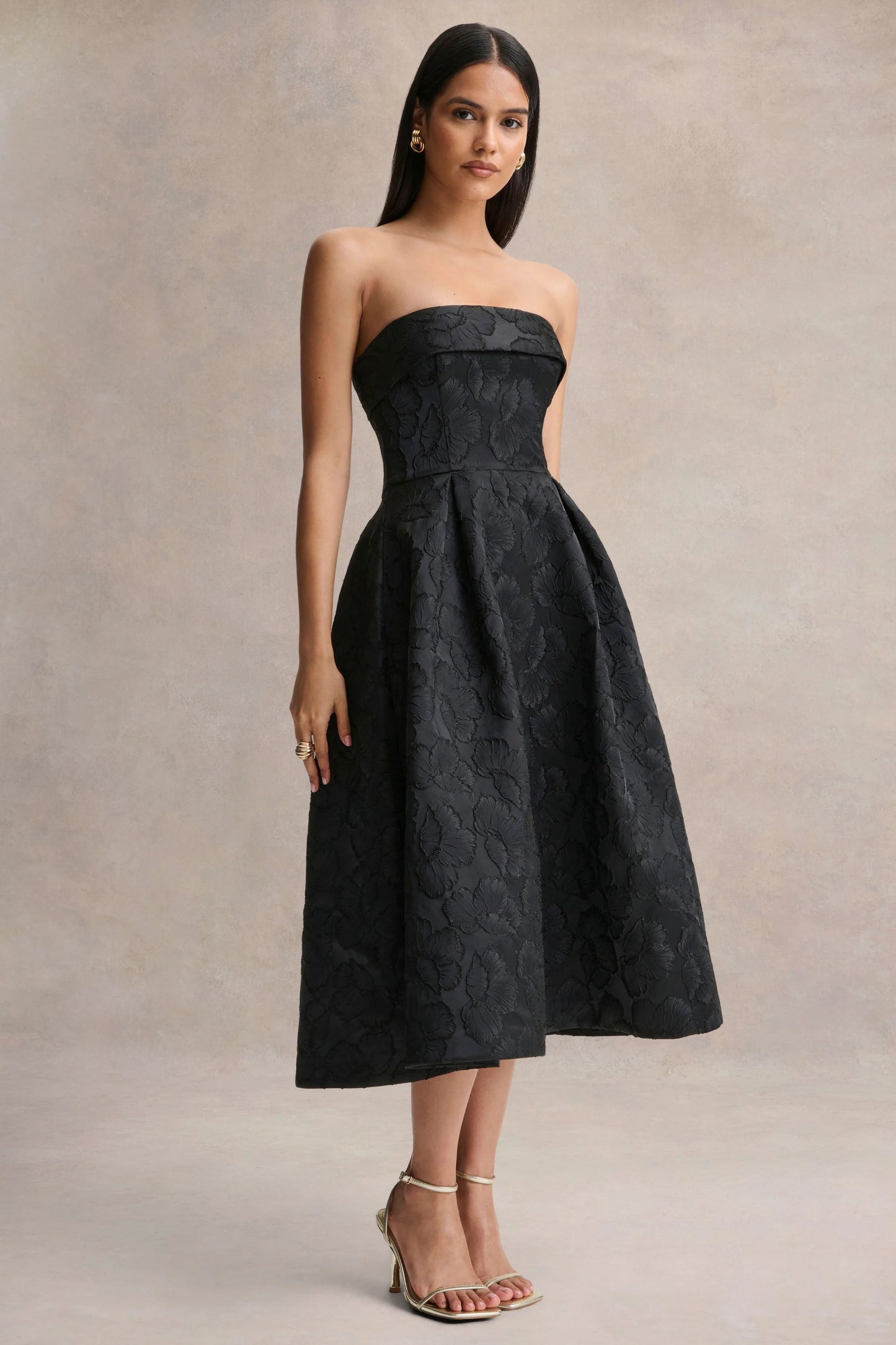 Zuma Black Metallic Jacquard Strapless Midi Dress