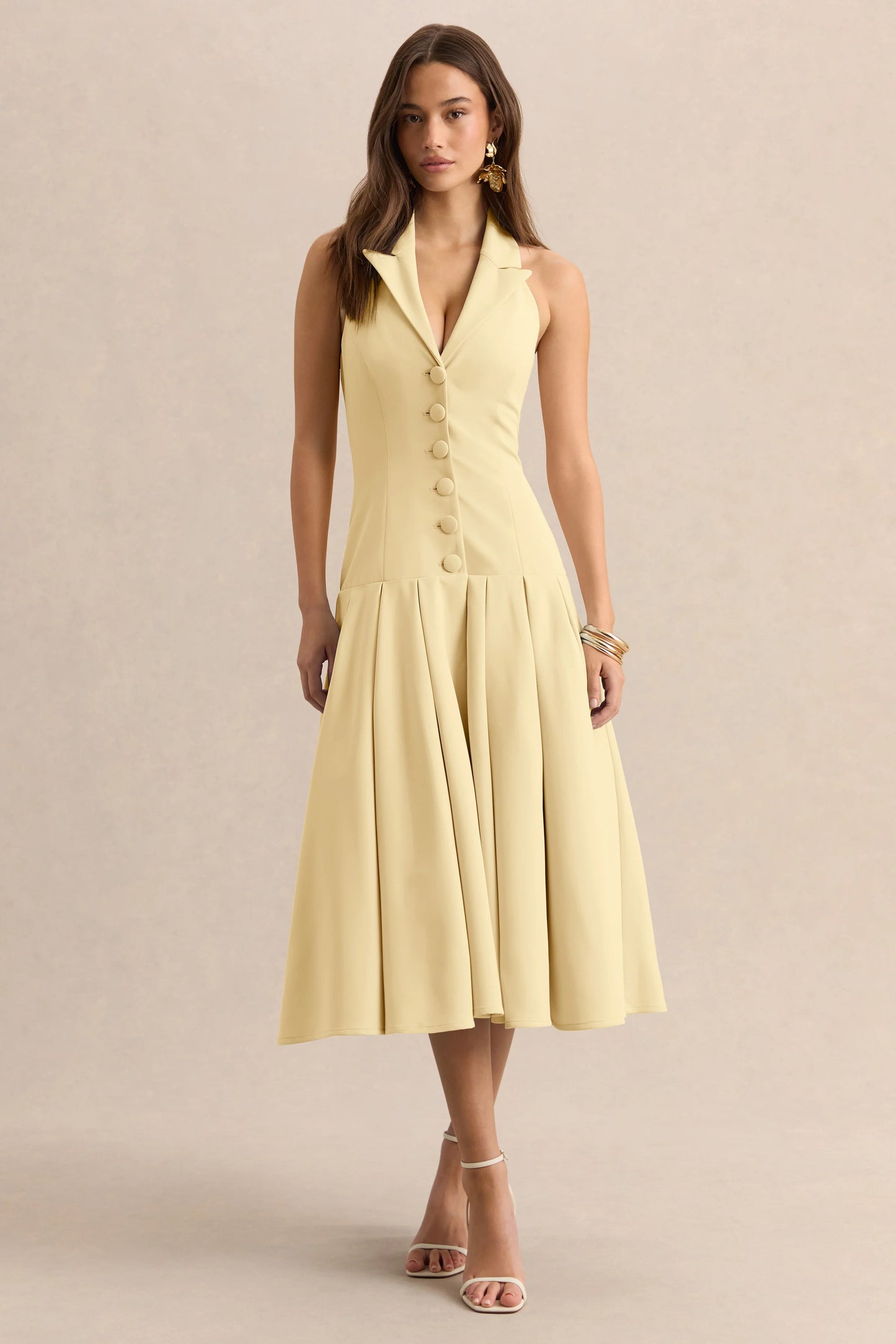 Elise Lemon Plunge-Neck Midi Dress With Drop-Waist