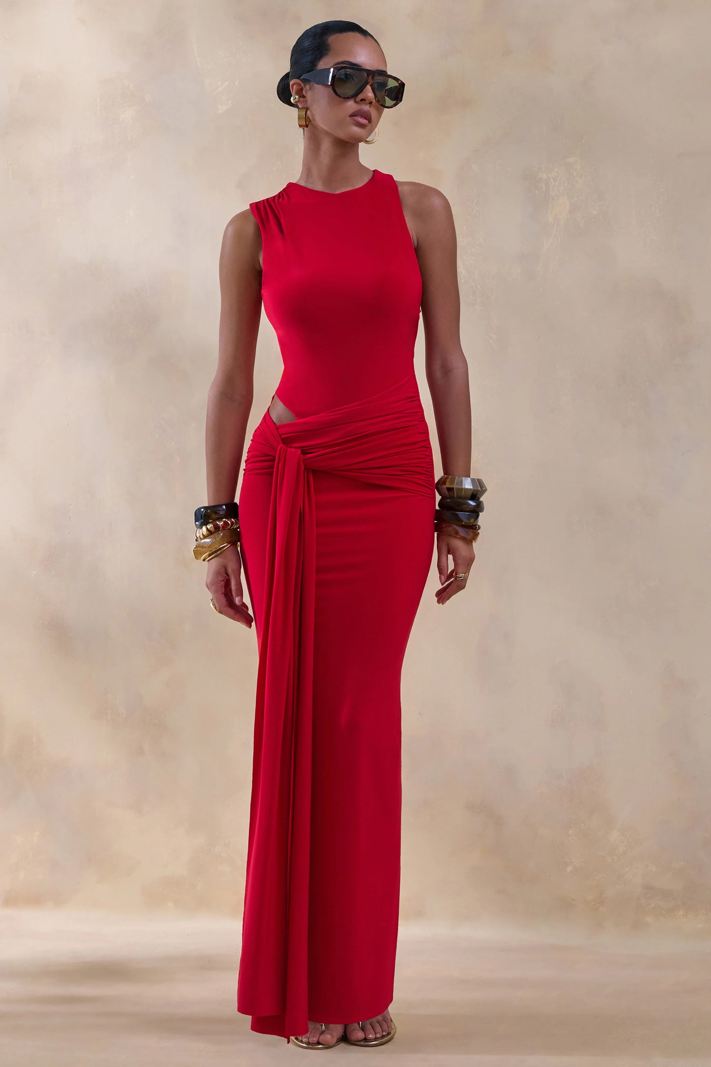 Neile Red Crew-Neck Maxi Dress With Cut-Out and Sash Details