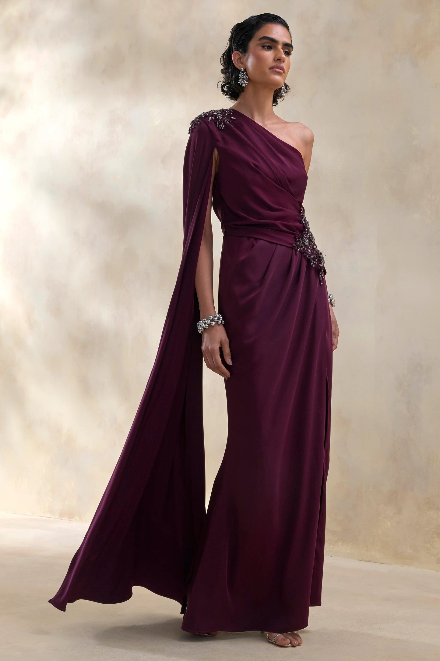 Solace Dark Plum Asymmetric-Neck Maxi Dress With Front-High Split