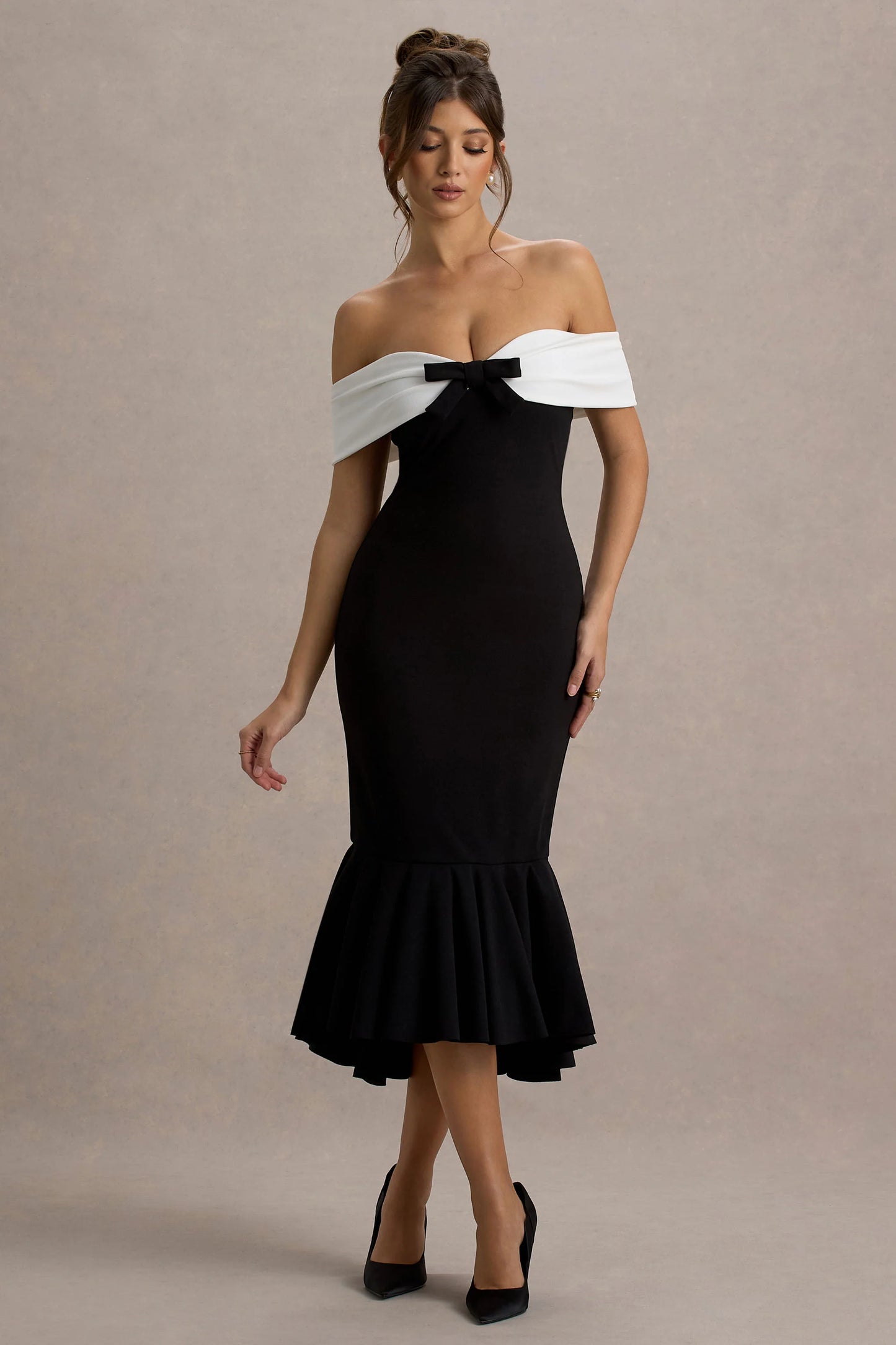 Corola Black & White Bardot Volume-Hem Midi Dress