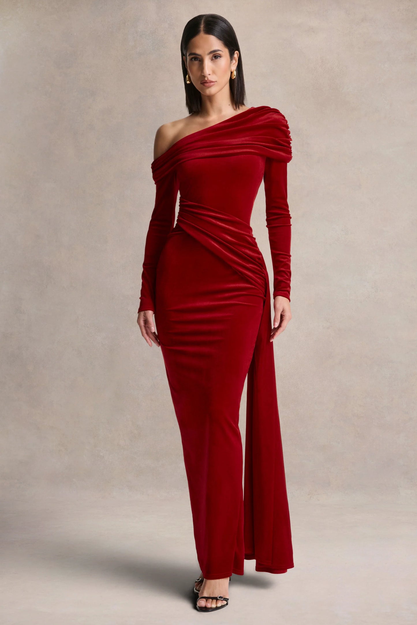 Hadria Red Velvet Asymmetric-Neck Maxi Dress With Sash-Detail