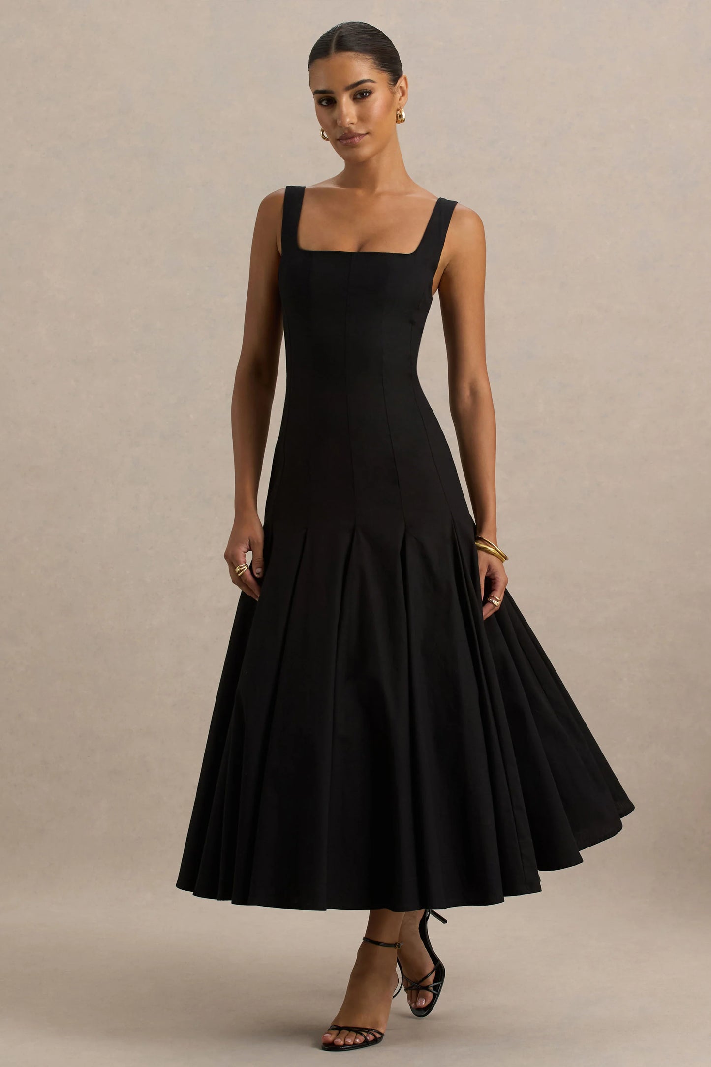 Magnolia Black Scoop-Neck Midi Dress With Drop-Waist And Ruffling Detail
