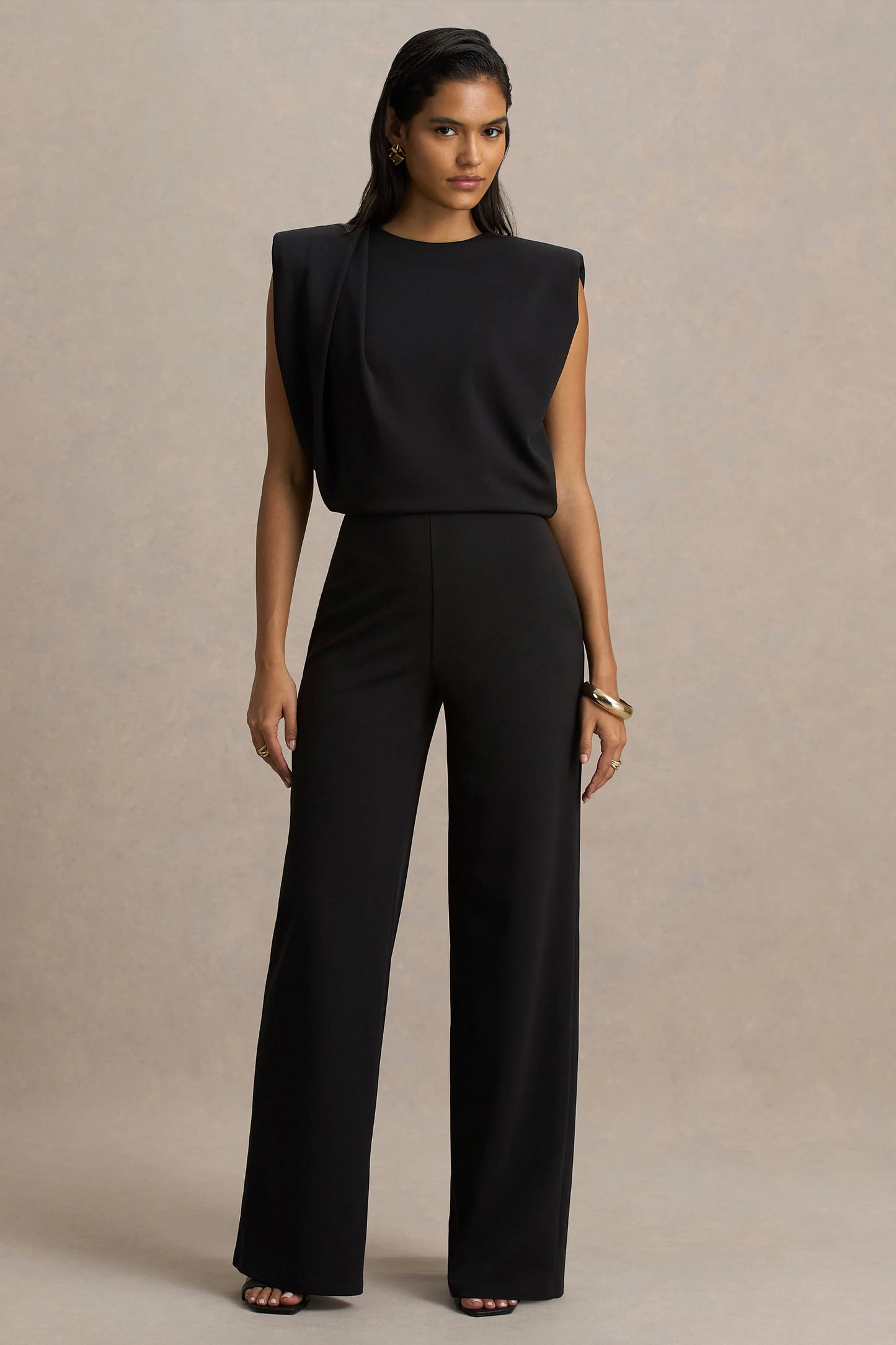 Tiff Black Crew-Neck Jumpsuit With Draped Detailing