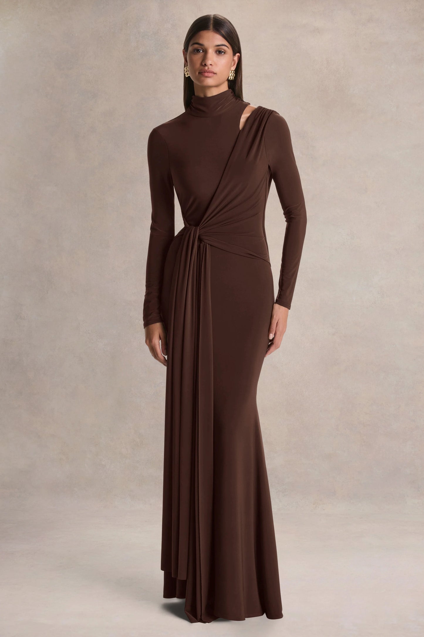 Alastrina Brown High-Neck Maxi Dress With Gathered-Detailing