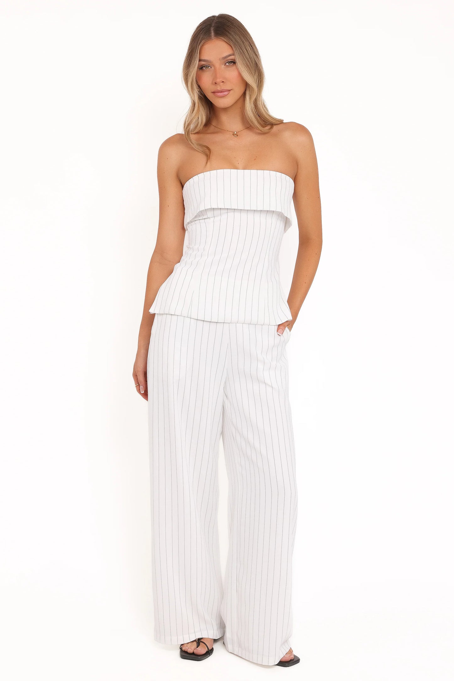 Blakely Wide Leg Pant - White Pinstripe