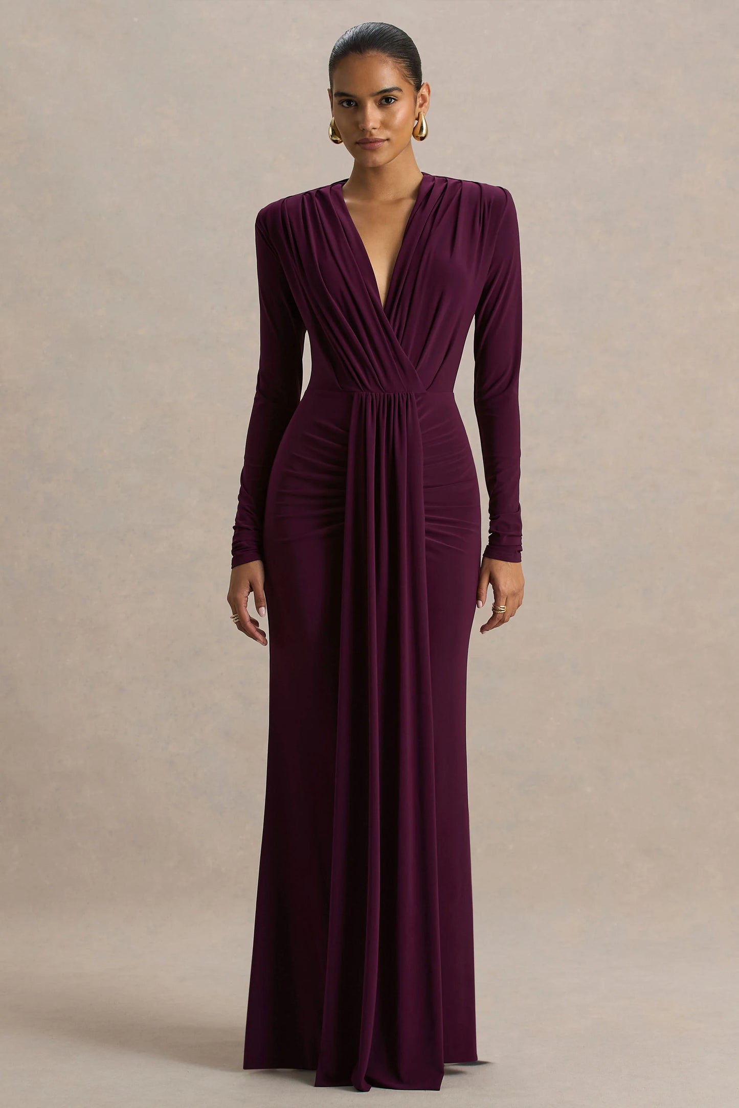 Flashy Burgundy Plunge-Neck Maxi Dress With Ruched Detailing
