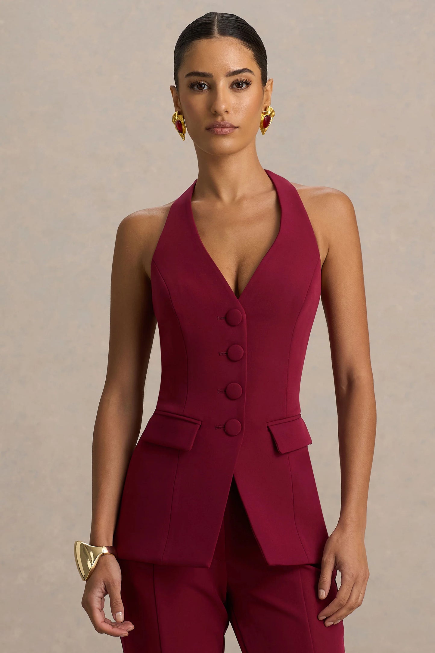 Tecla Burgundy Button-Up Tailored Waistcoat