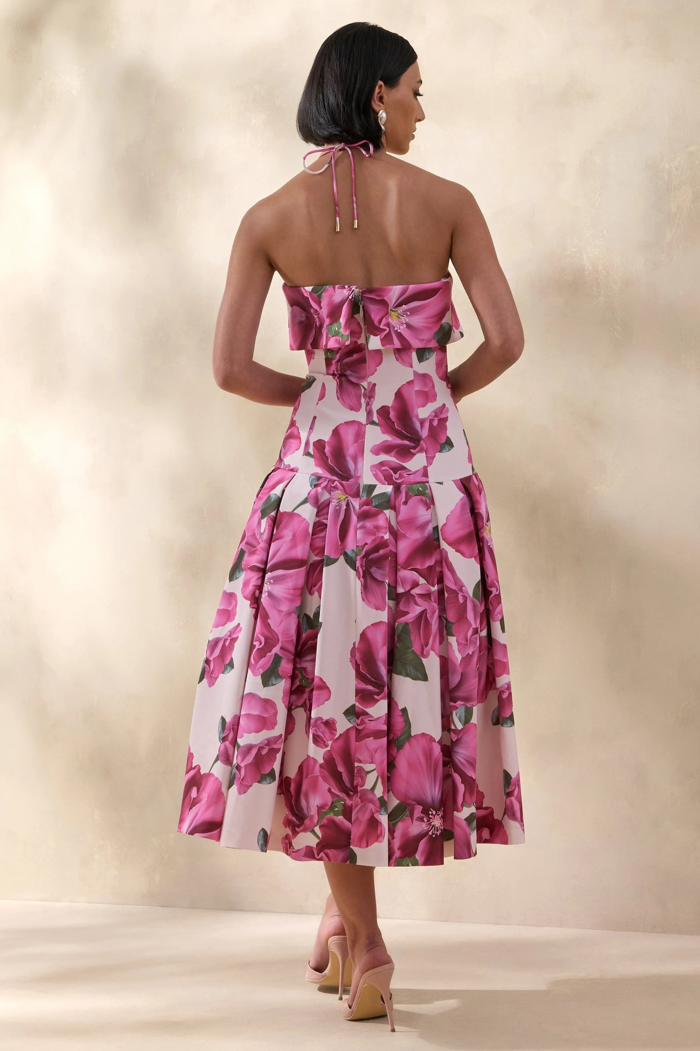 Sylina Pink Hibiscus Floral Print Square-Neck Midi Dress With Drop Waist