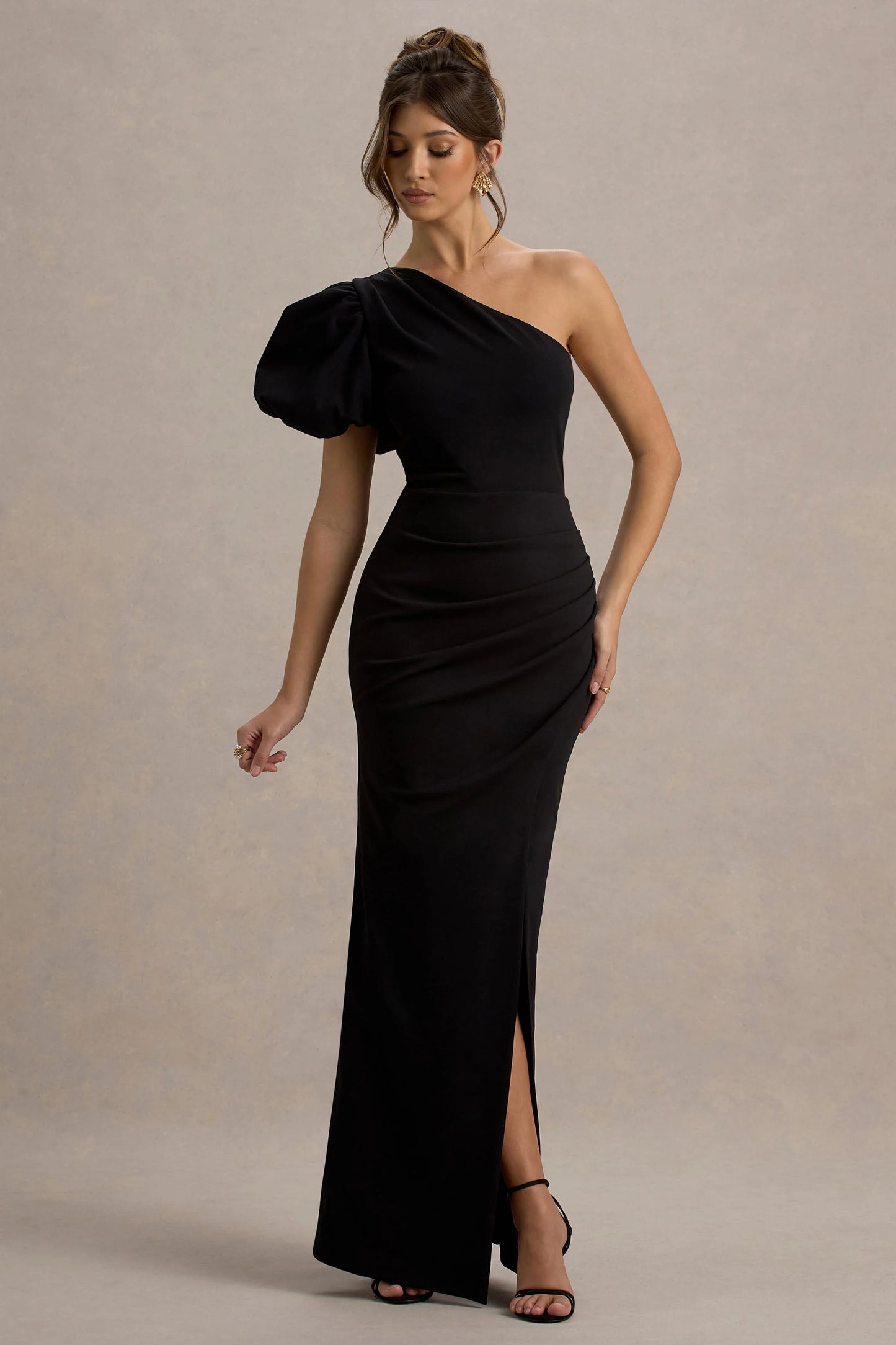 Vittoria Black Asymmetric Puff-Sleeve Split Maxi Dress