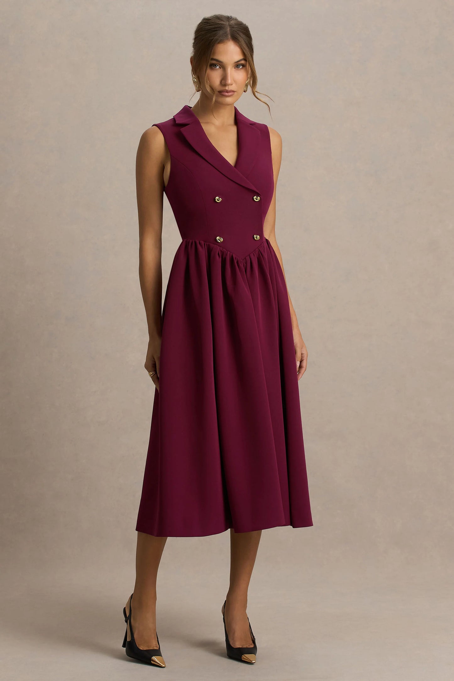 Lisa Burgundy Plunge-Neck Tailored Midi Dress With Button-Detailing