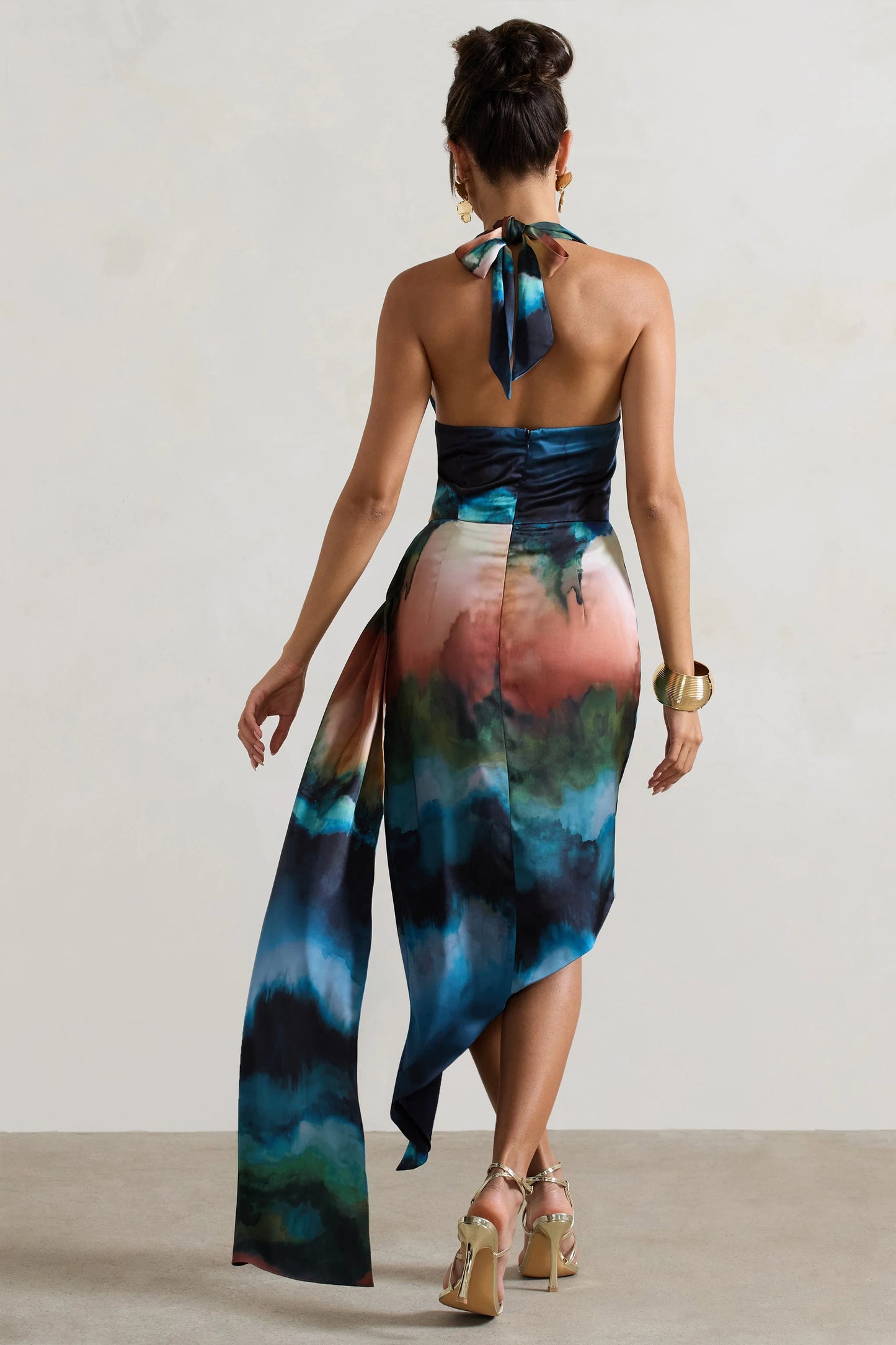 Bali Blue Blur Print Satin Cowl-Neck Draped Midi Dress