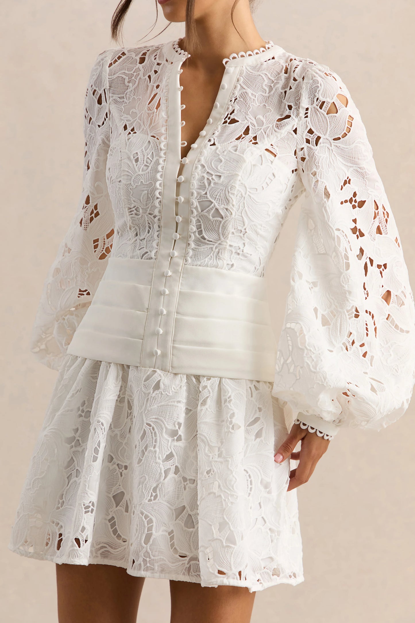 Helena White Crew-Neck Mini Dress With Puff-Sleeves and Pleated Skirt