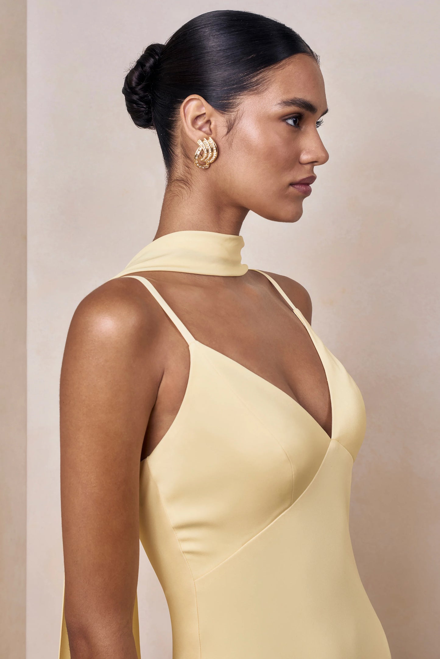 Starling Lemon Matte Satin Plunge-Neck Maxi Dress With Scarf-Detail