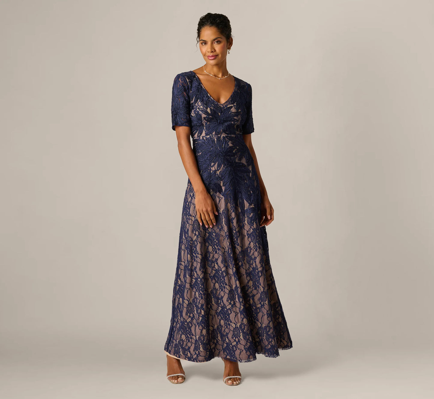 Short Sleeve Lace Soutache Embroidery Gown In Navy Nude