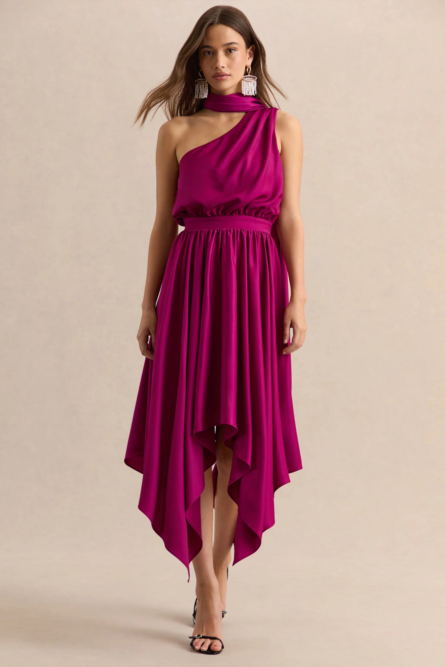 Caluna Hot Pink Satin Asymmetric-Neck Midi Dress With Scarf-Detail