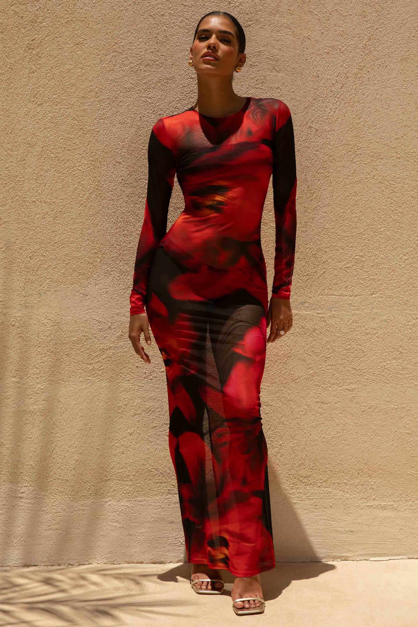 Marcy Red And Black Floral Print High-Neck Maxi Dress