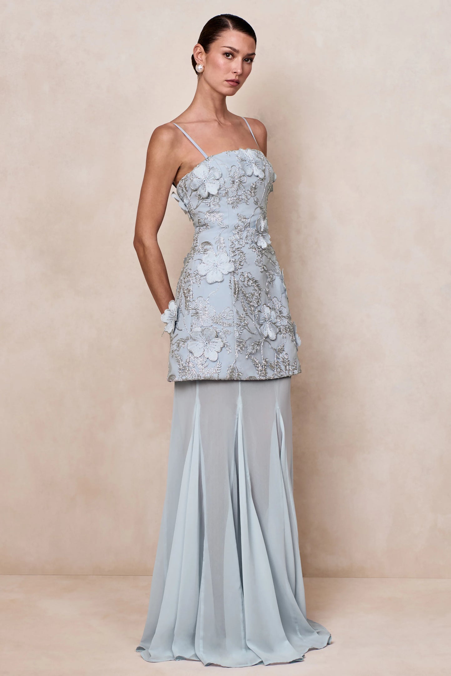 Nessa Light Blue 3D Floral Square-Neck Maxi Dress With Sheer Skirt