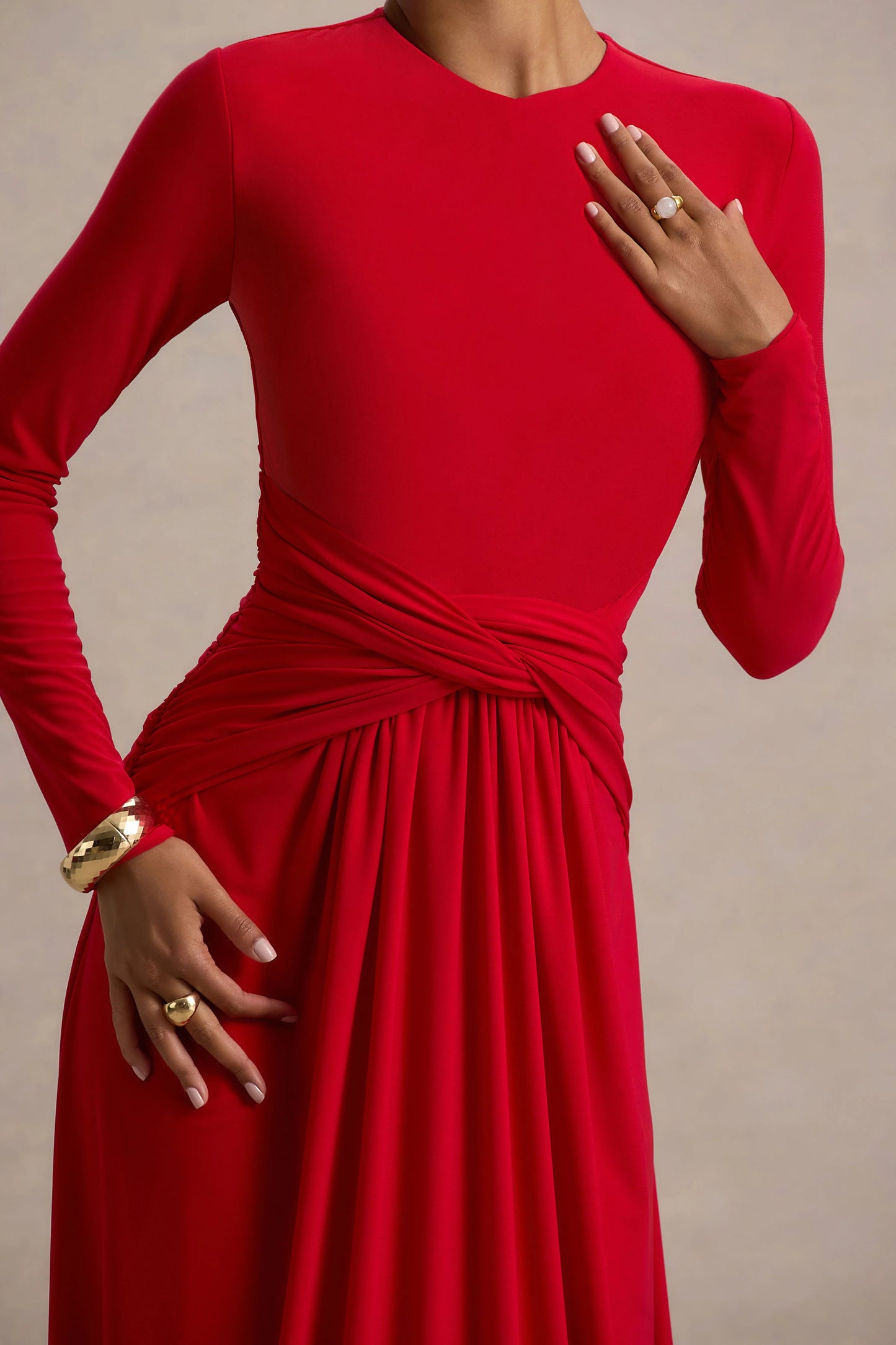 Estrella Red High-Neck Maxi Dress With Ruched Detailing