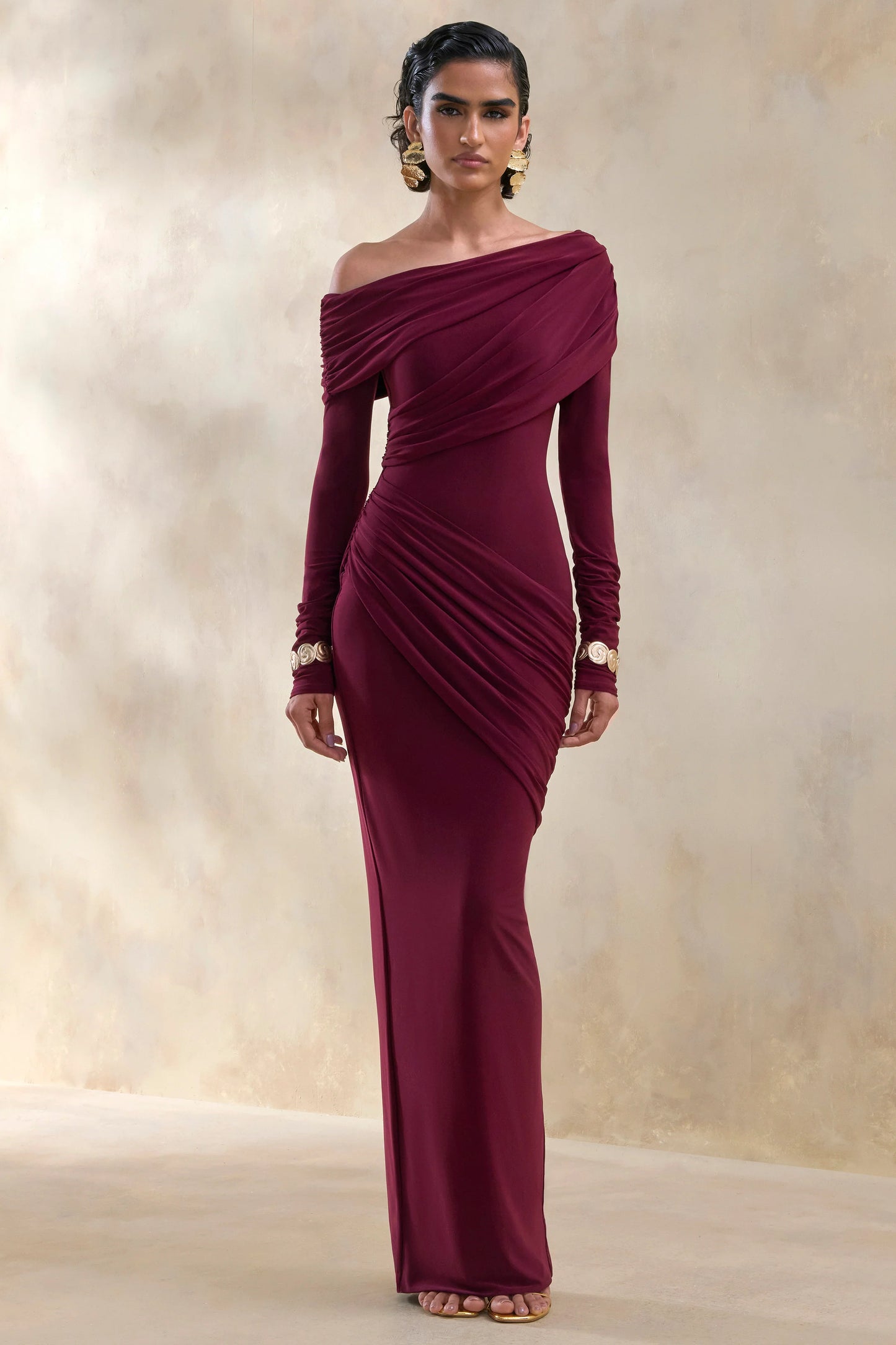 Rosirene Burgundy Asymmetric-Neck Maxi Dress With Draped-Detailing