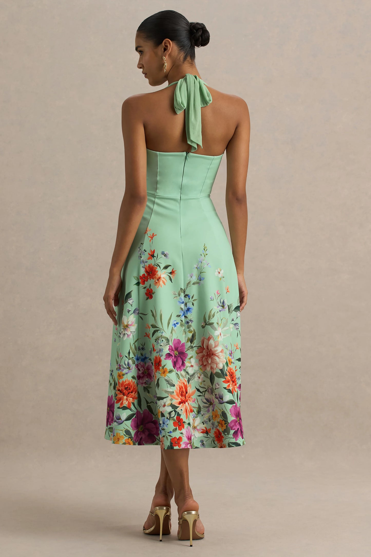 Auburn Mint Placement Floral Halter-Neck Midi Dress