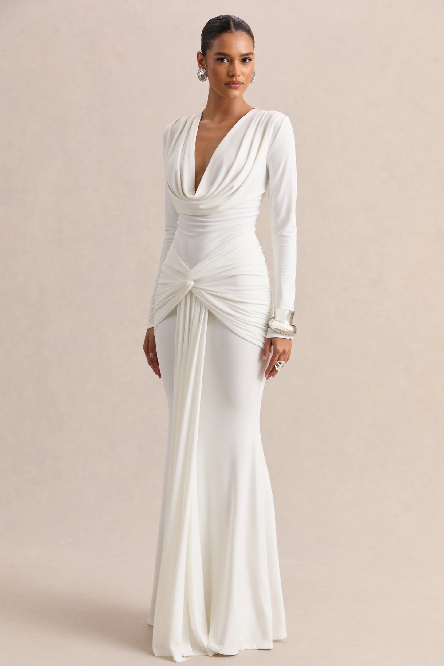 Palerma White Draped Cowl-Neck Maxi-Dress With Gathered-Detailing