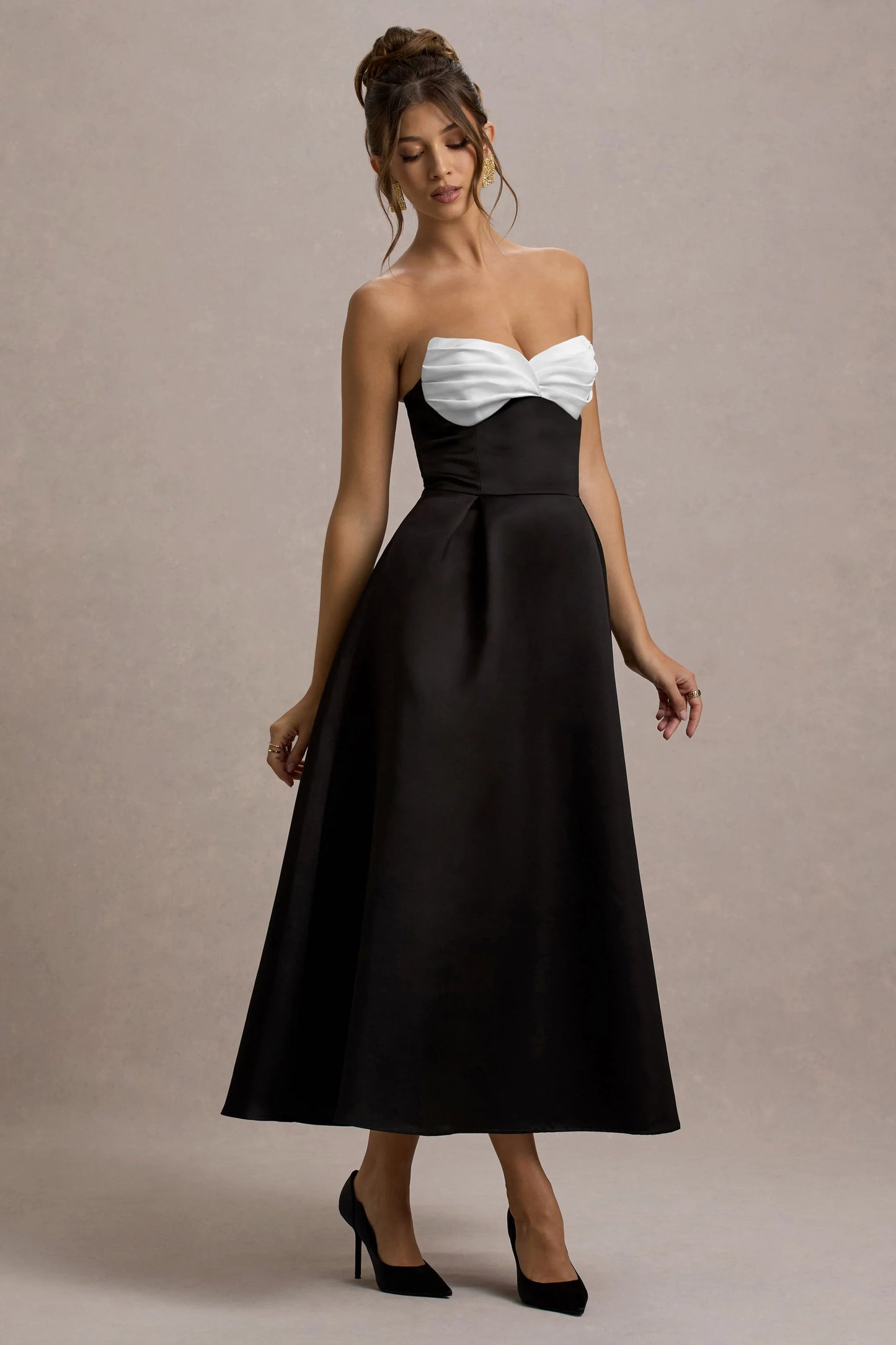 Wintour Black Satin Sweetheart Midi Dress