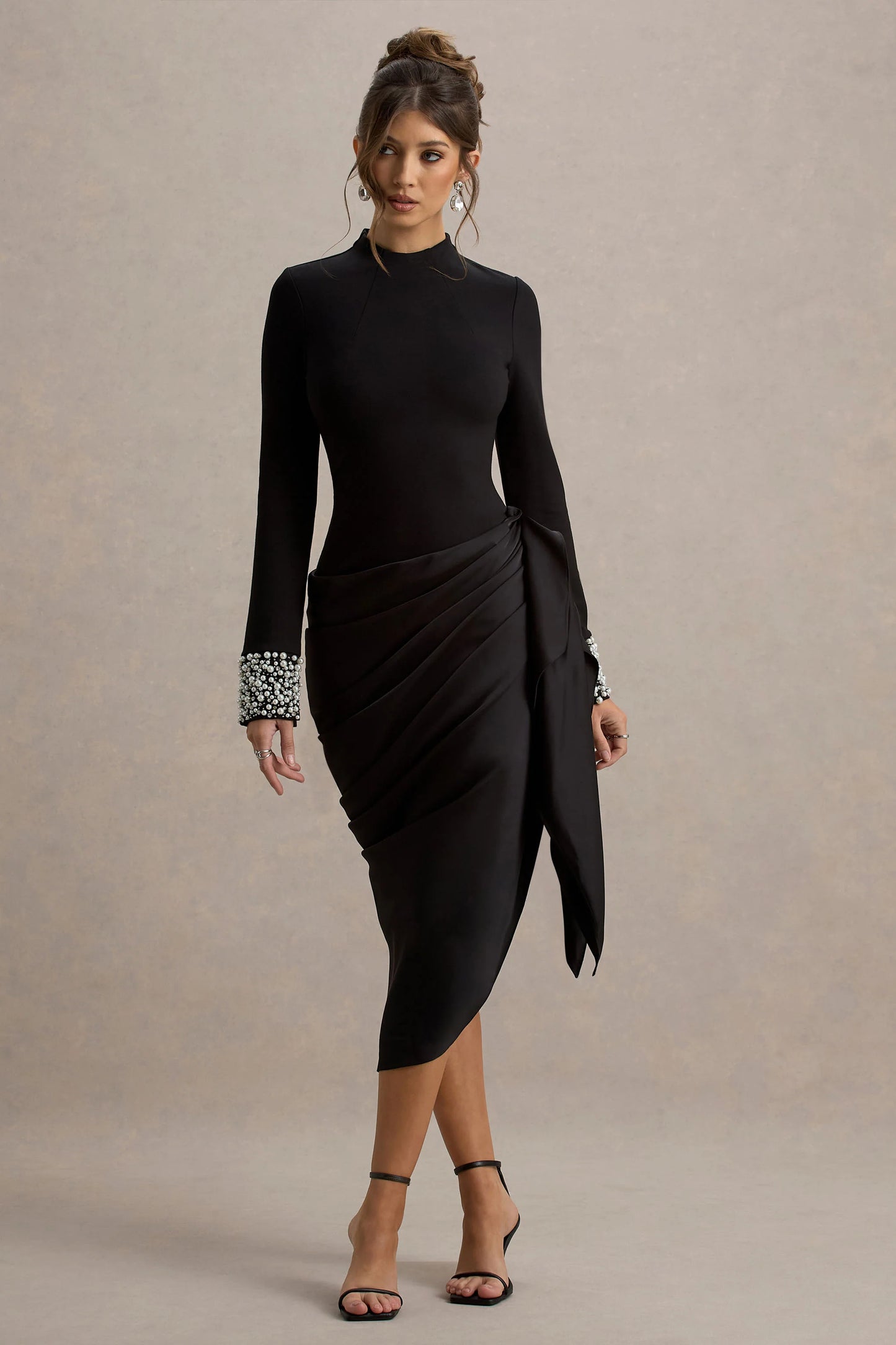 Luanna Black Satin Long-Sleeve Midi Dress With Draped Skirt And Embellised Cuffs