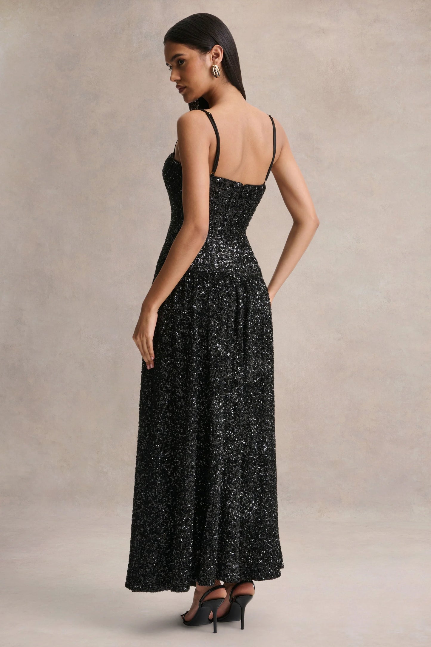 Allora Black Sequin Square-Neck Maxi Dress With Pleated Skirt