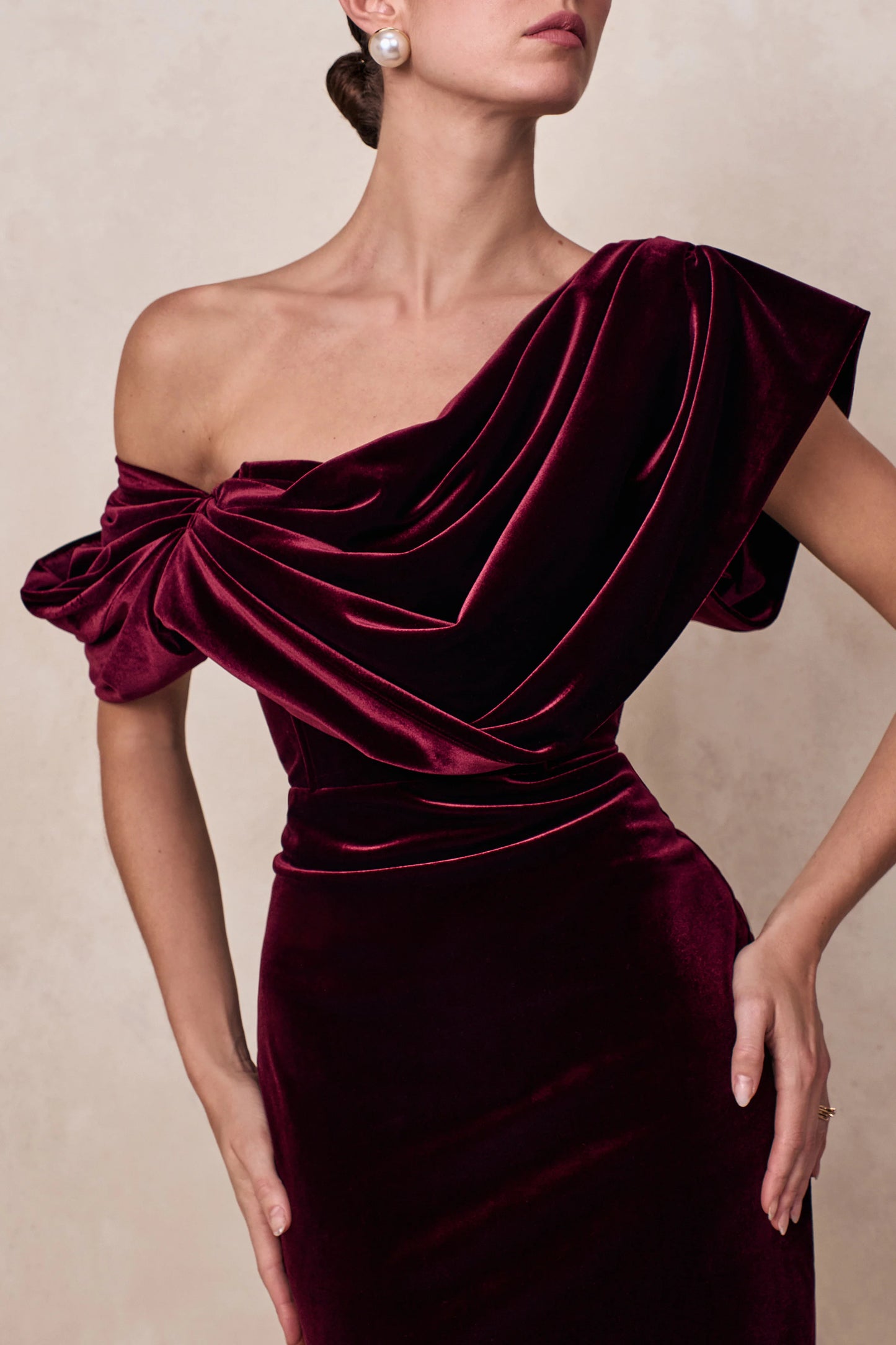 High End Burgundy Velvet Asymmetric-Neck Midi Dress With Draped Detailing