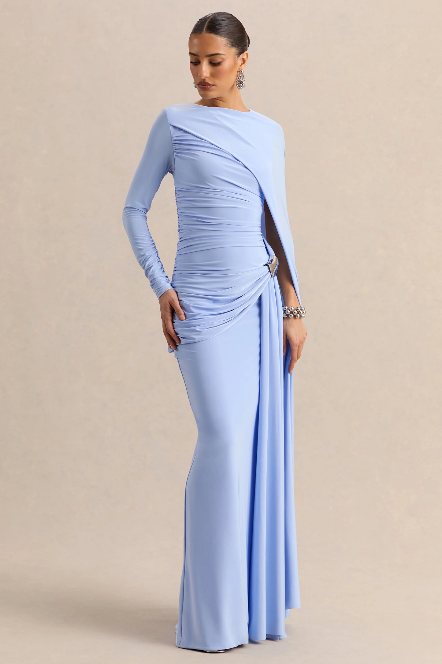 Orintha Powder Blue Wide-Neck Maxi Dress With Cape And Gold-Detail