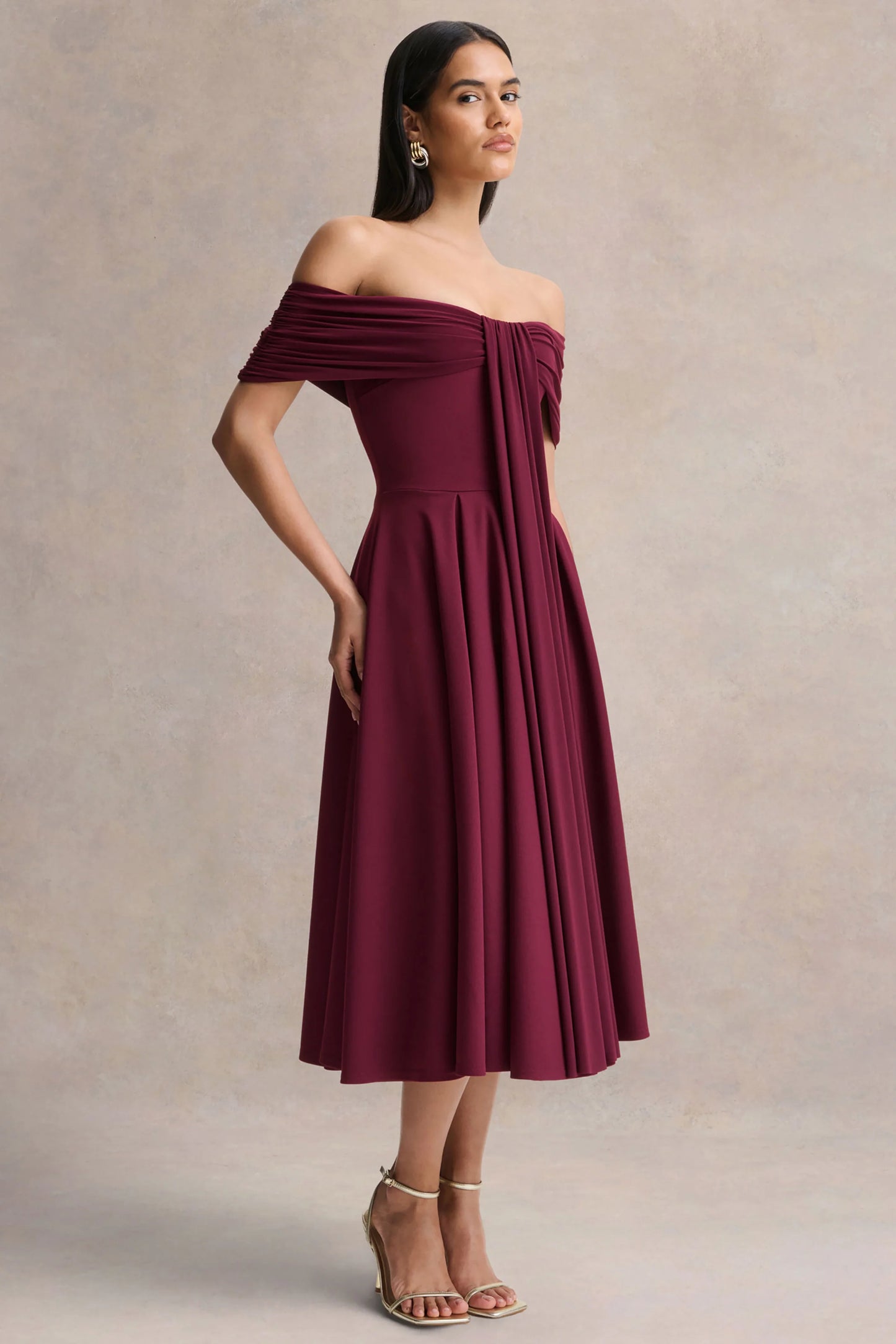 Dearest Burgundy Bardot-Neck Midi Dress