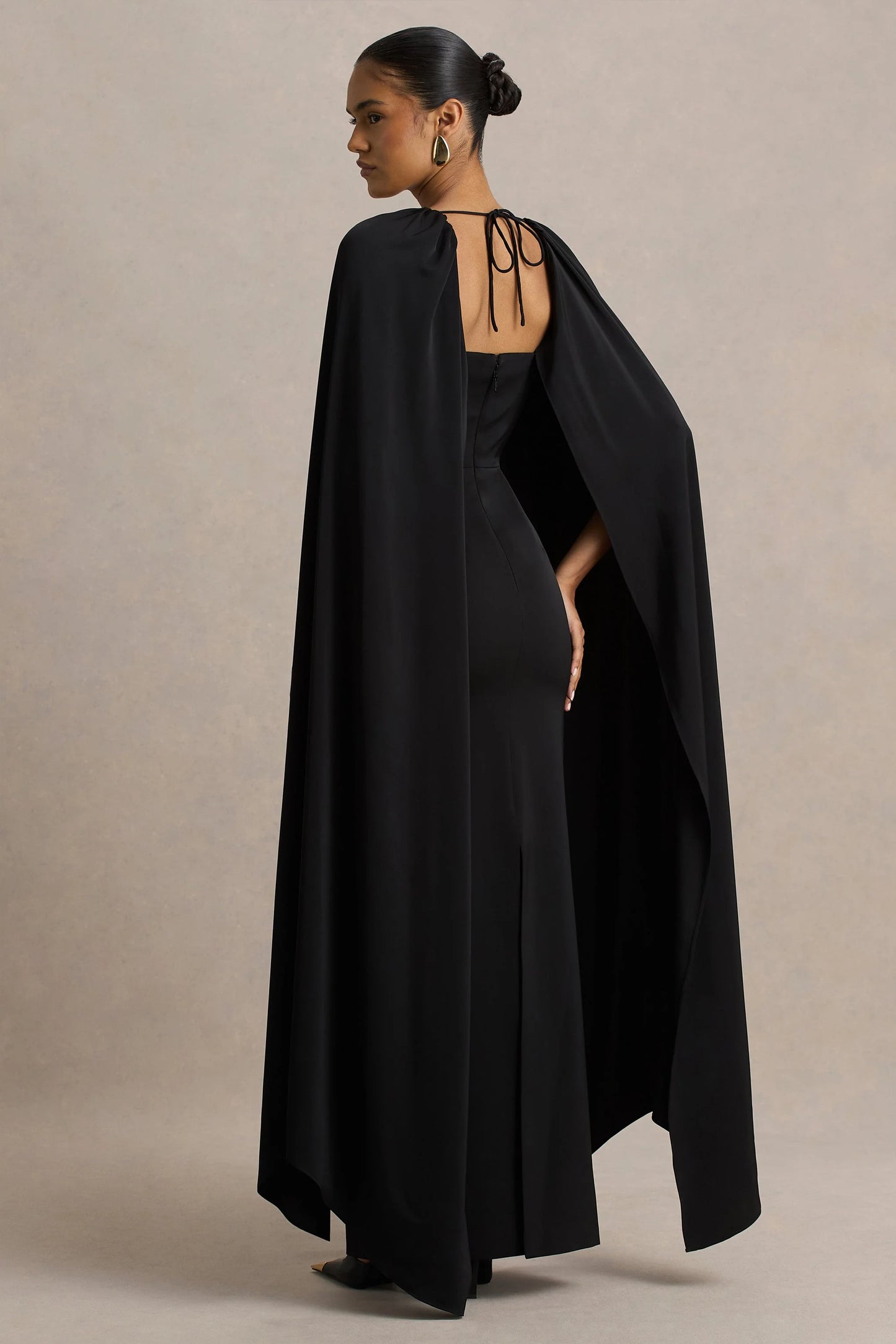 Wren Black Satin Sweetheart-Neck Maxi Dress With Cape Sleeves