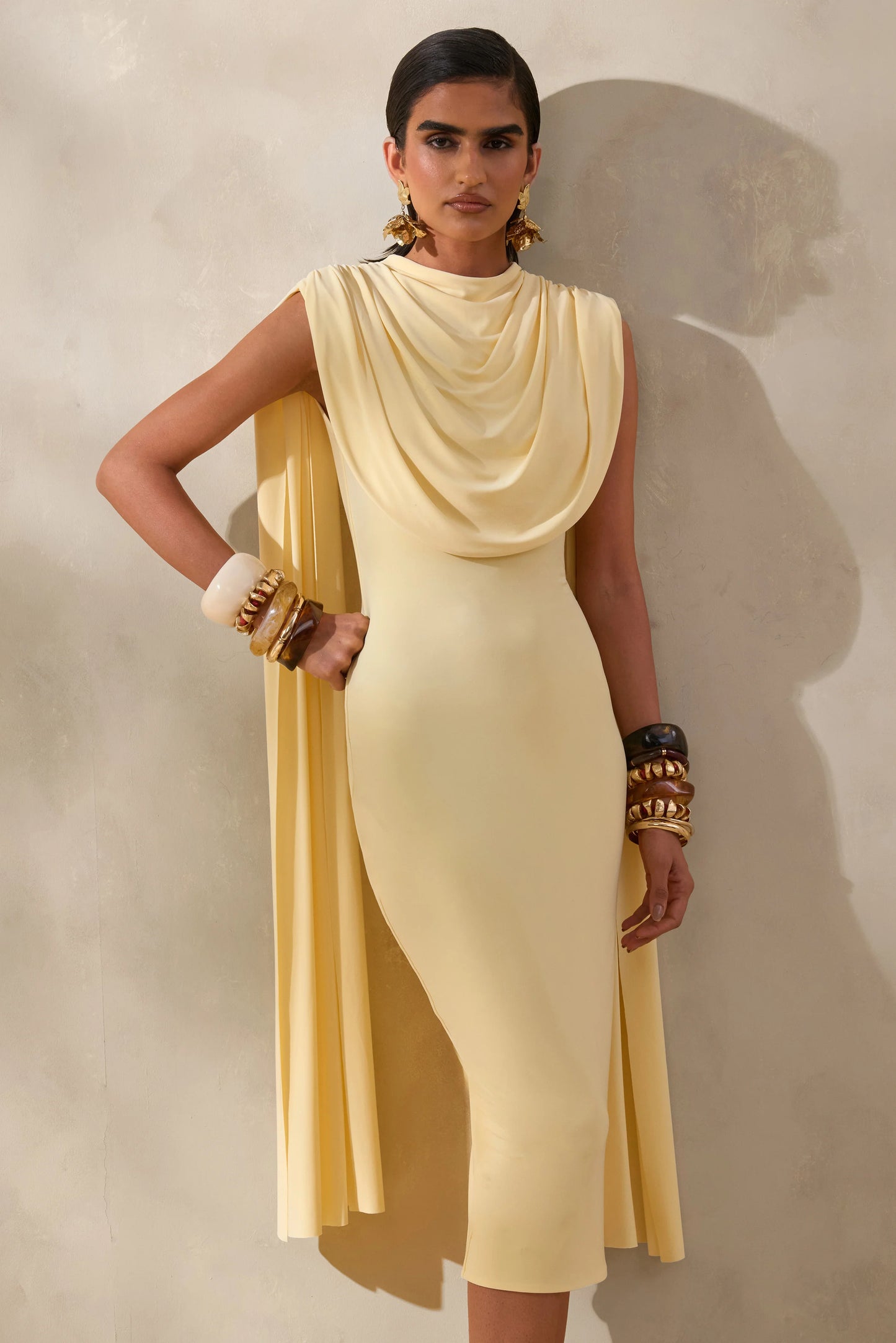 Lysandria Lemon High-Neck Midi Dress With Draped-Detailing