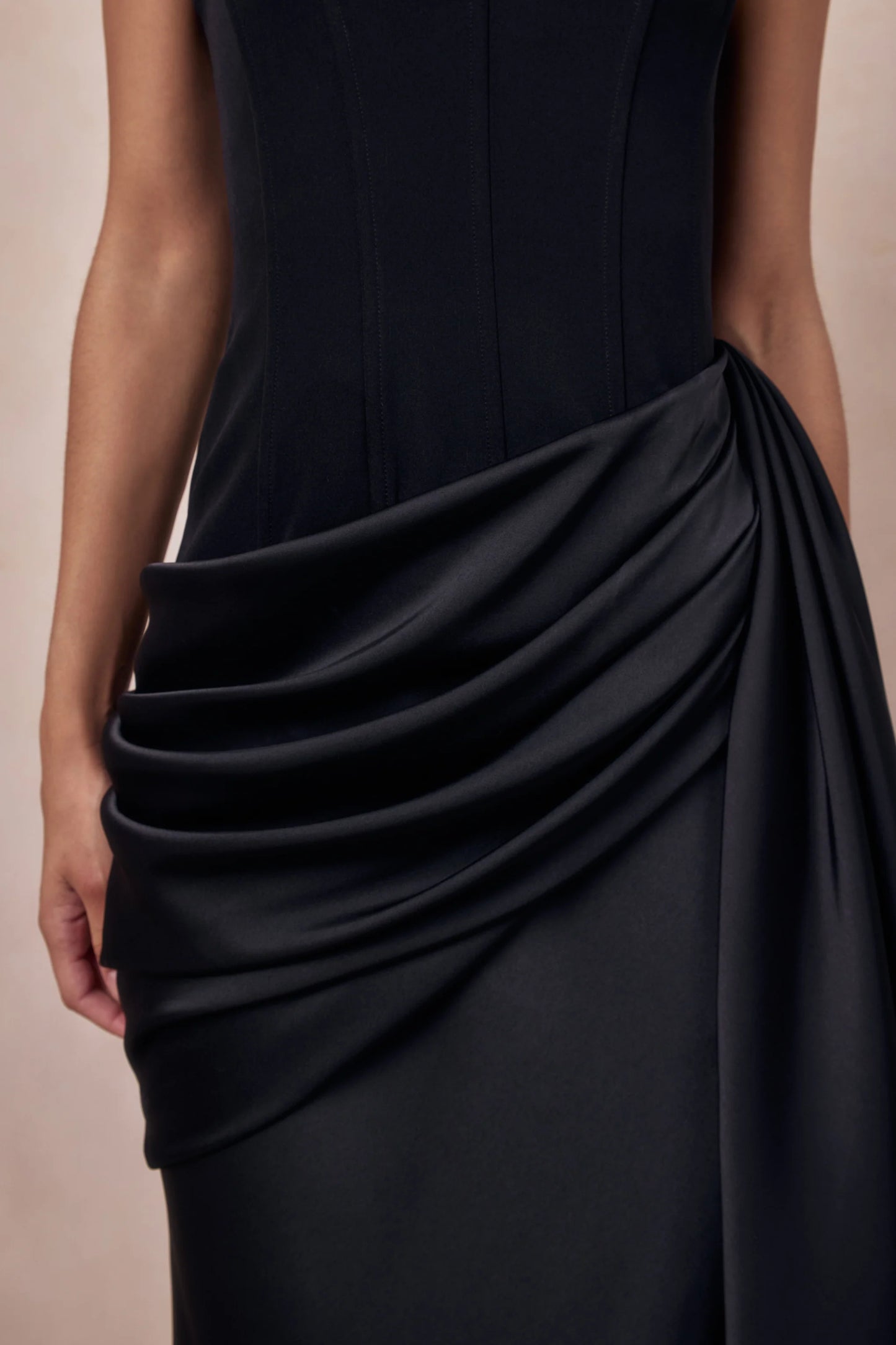 Nalira Black Satin Bandeau Maxi Dress With Draped Skirt