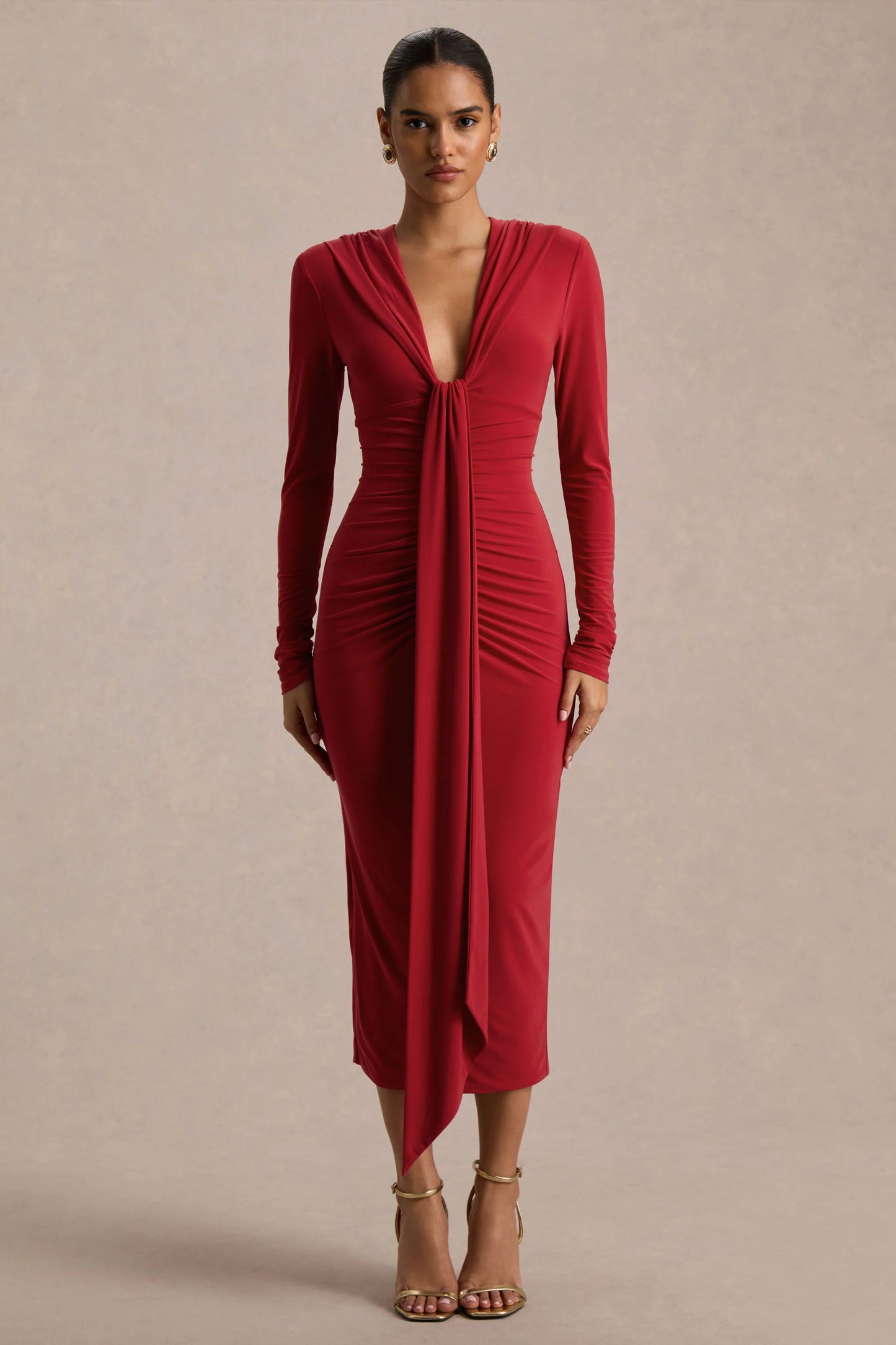 Ivara Red Plunge-Neck Maxi Dress With Ruched Detailing And Sash