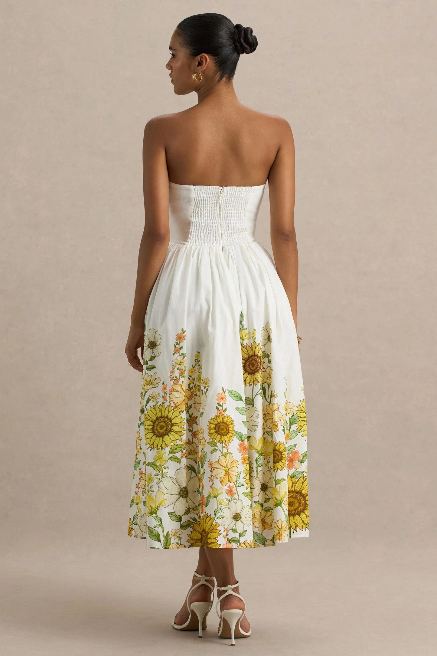 Ivory Sunflower Print Bandeau High-Low Midi Dress