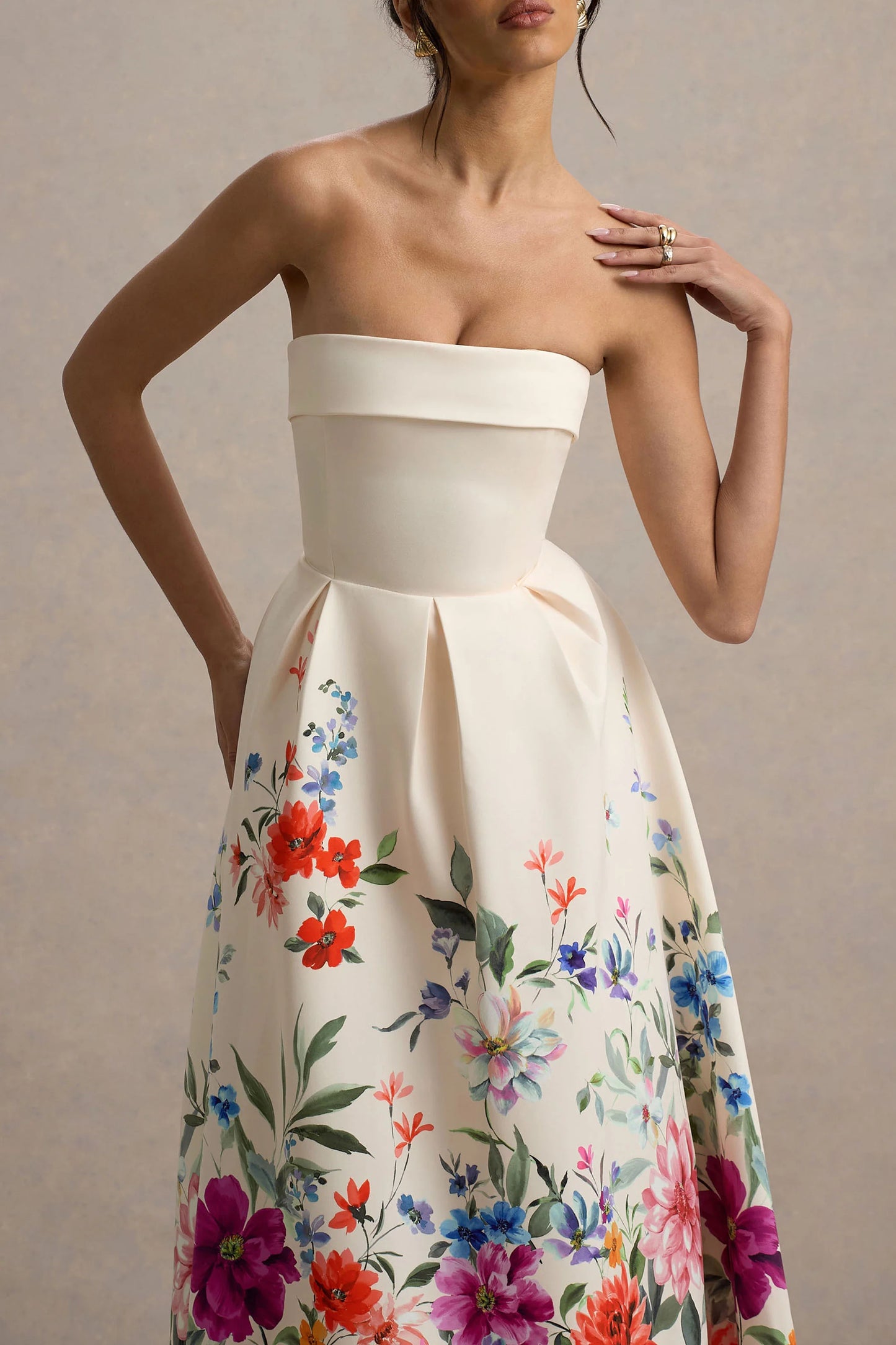 Annalise Light Pink Floral Print Bandeau Skater Midi Dress