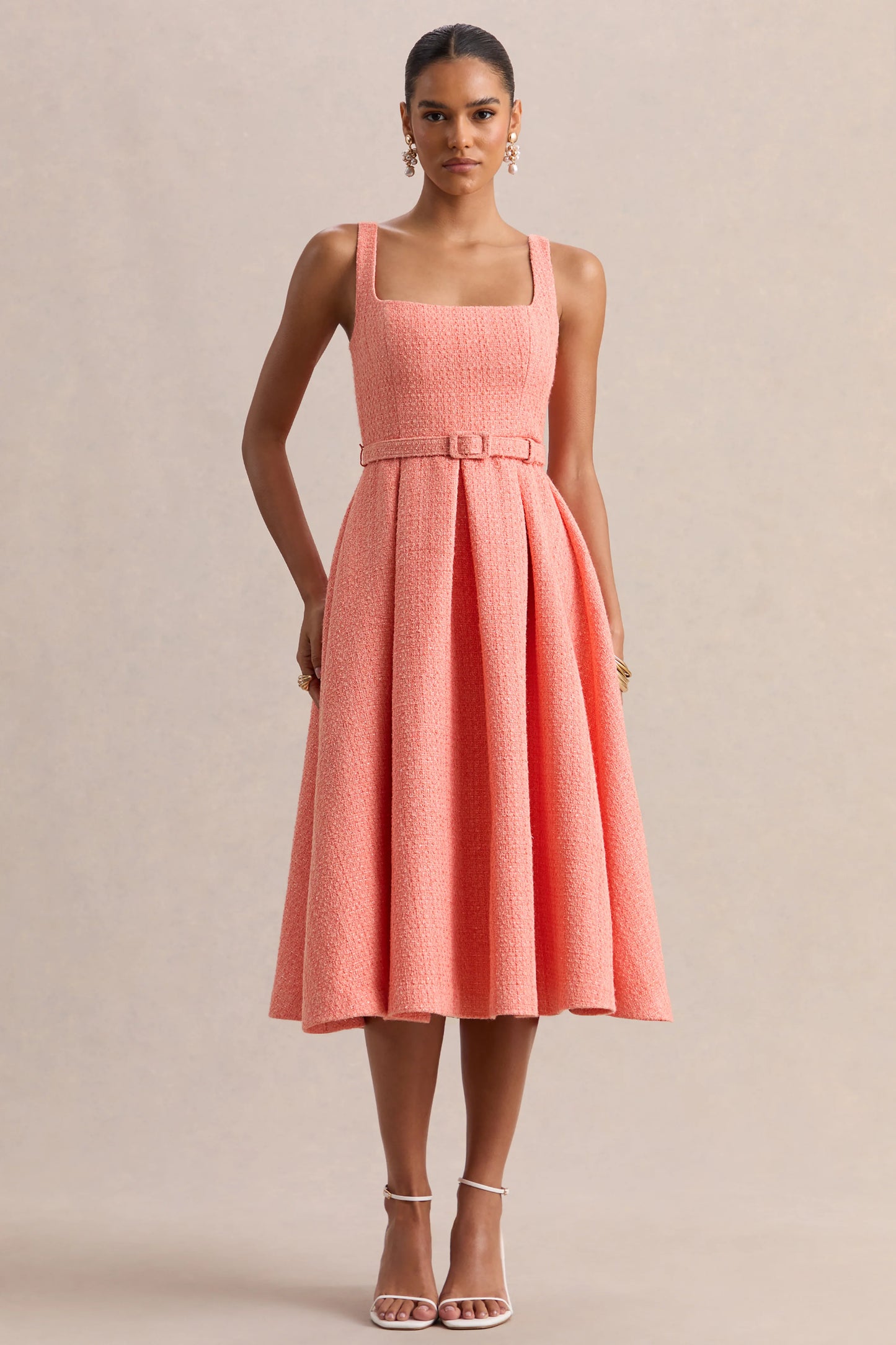 Camoria Coral Boucle Square-Neck Midi Dress