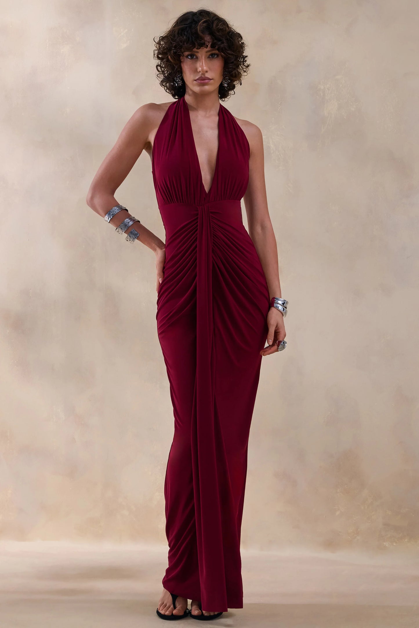 Lesley Burgundy Plunge-Neck Maxi Dress